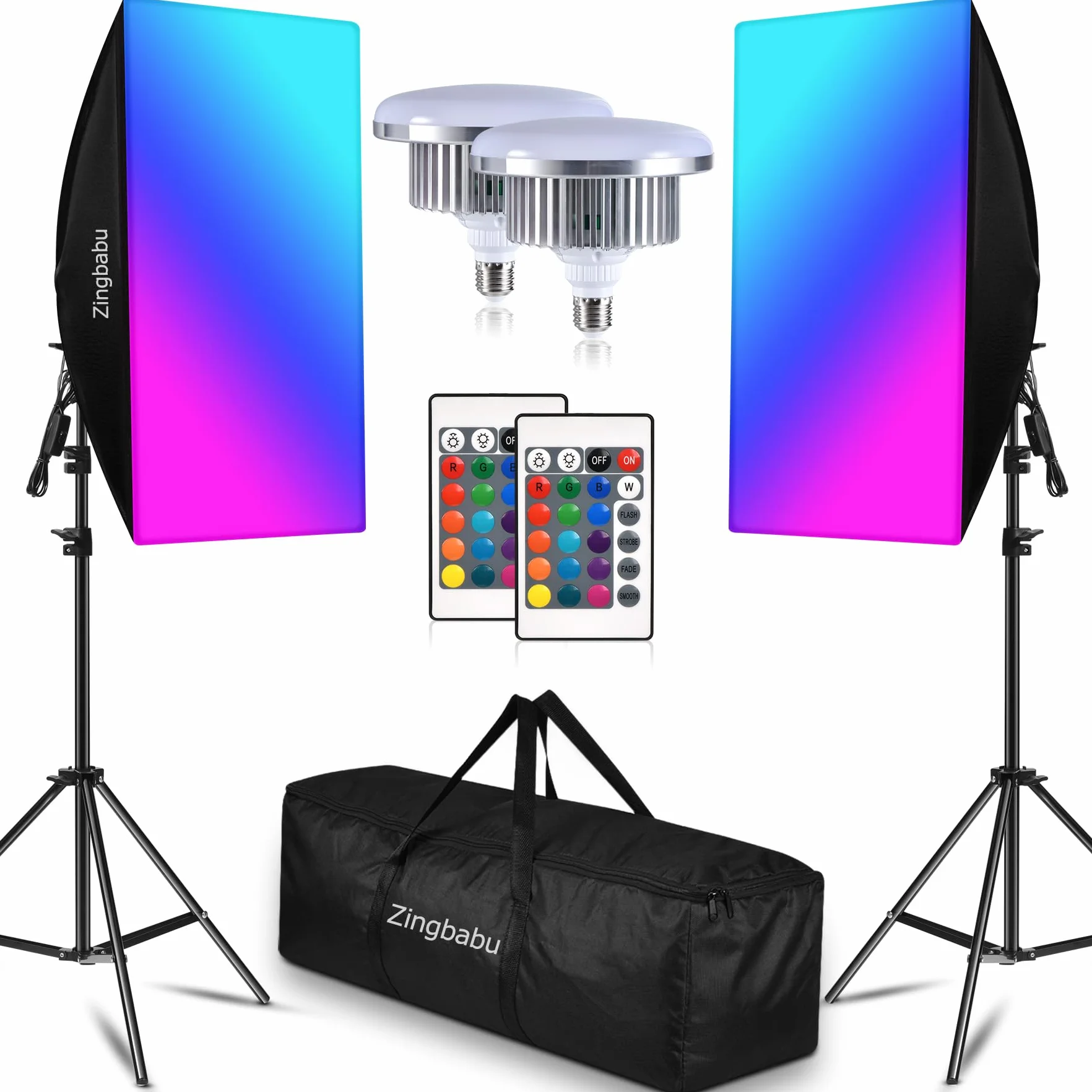 Kit de iluminación Softbox, Zingbabu Photography Kit de iluminación continua con Soft Box 2x50x70cm | 2X 150W 3200-6000K E27 Bombilla RGB, equipo de iluminación de estudio fotográfico