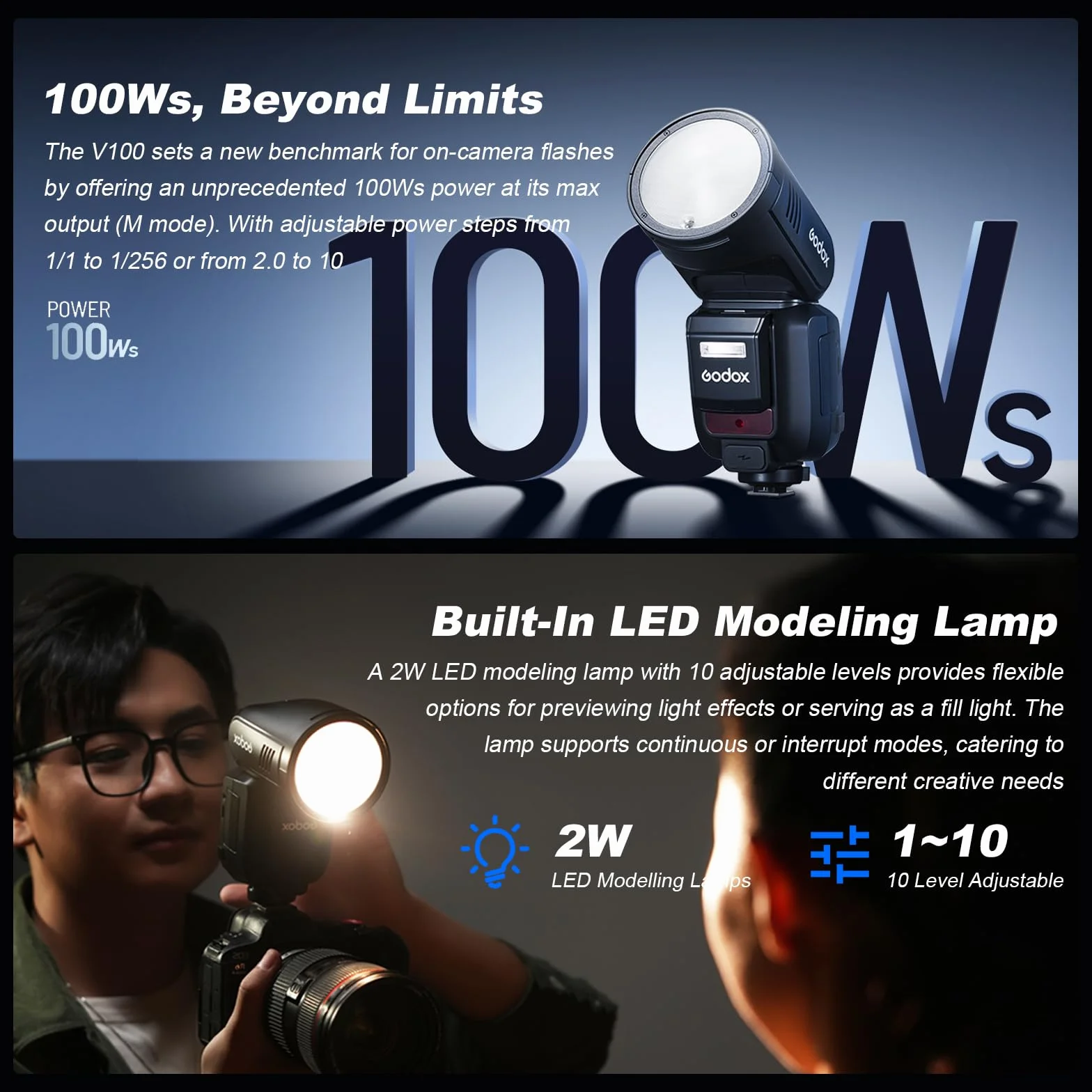 GODOX V100N Flash V100-N 100w Cabeza Redonda Pantallas Táctiles Destello para Nikon,2.4G Lnalámbrico con Global Shutter Speedlite Sync 1/80000s,Batería de Litio Incorporada