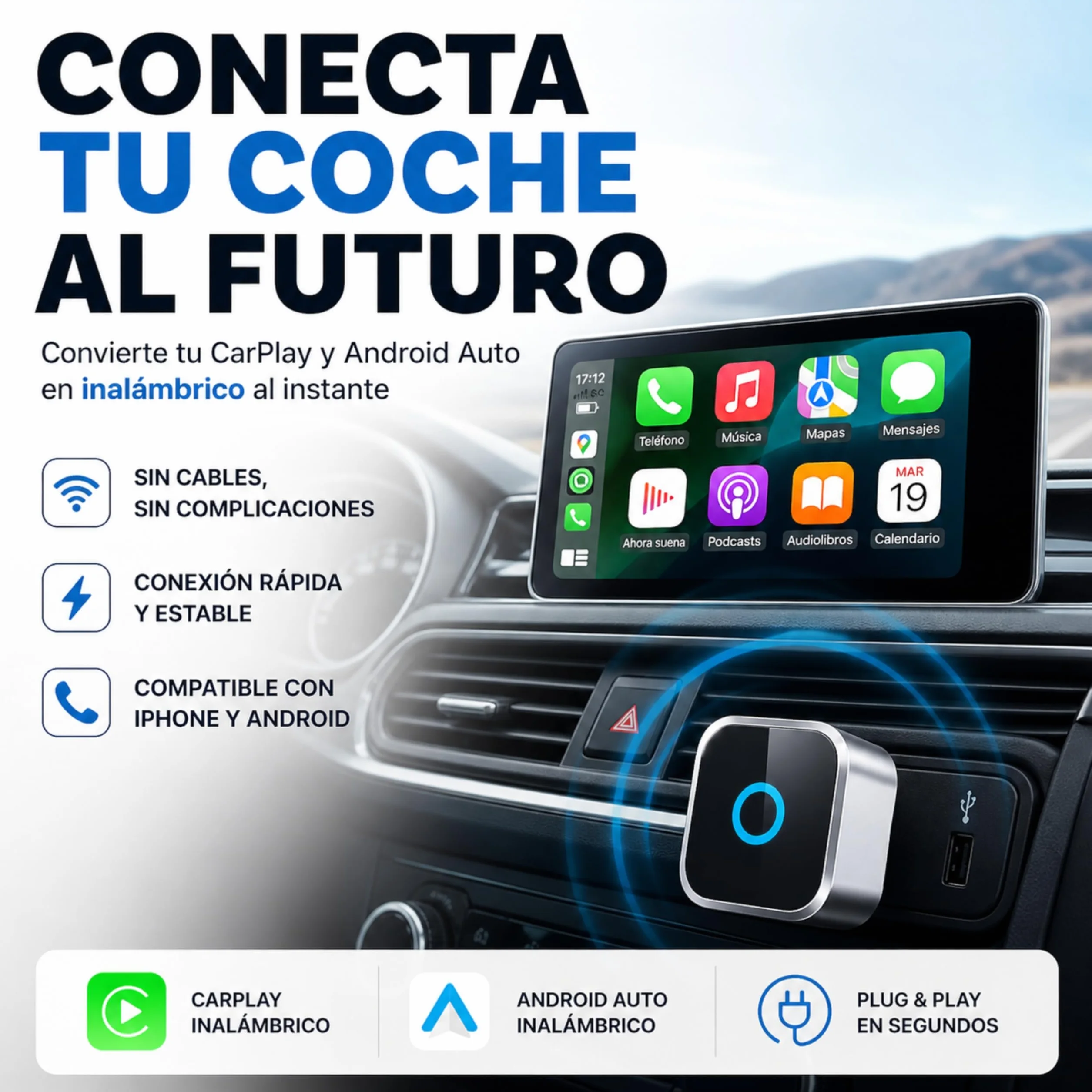 Adaptador CarPlay Inalámbrico 2 en 1. Android Auto inalámbrico USB compacto. Convierte carplay por cable en conexión sin cables rápida y estable Conexión automática en 5s Plug & Play (USB C)