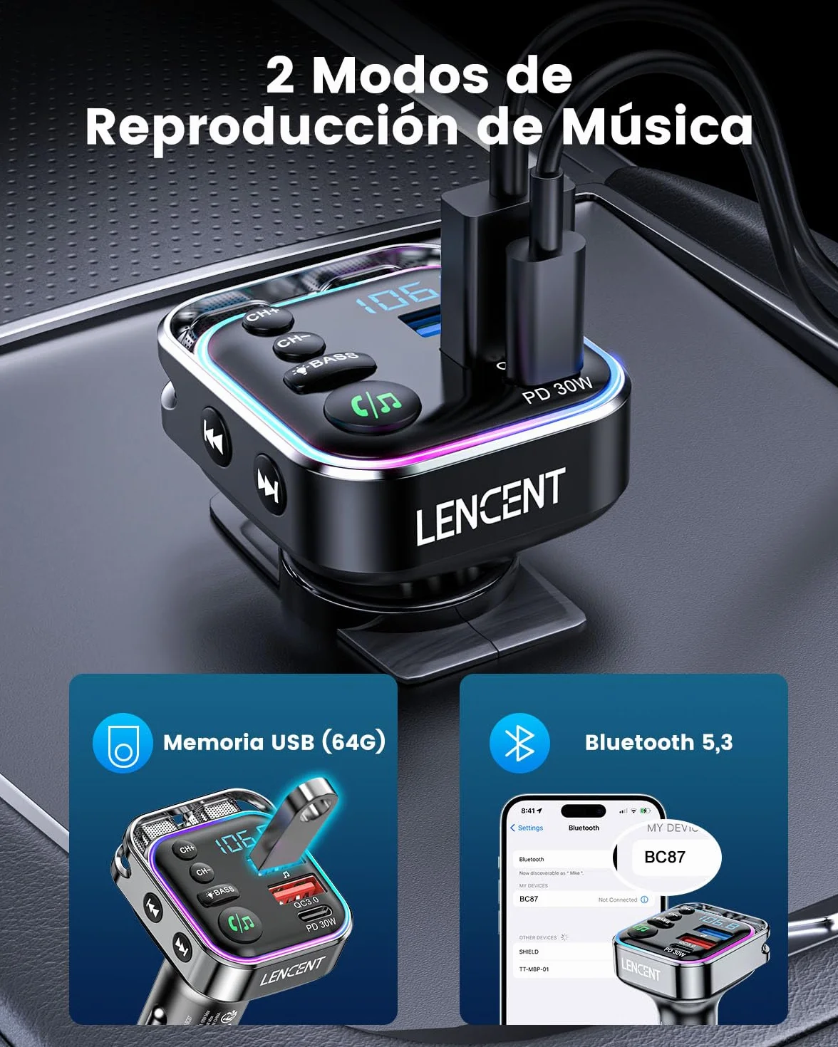 LENCENT Transmisor FM Bluetooth 5.3 Adaptador Coche Carga Rápida PD 30W QC3.0 Música Alta Fidelidad Manos Libres