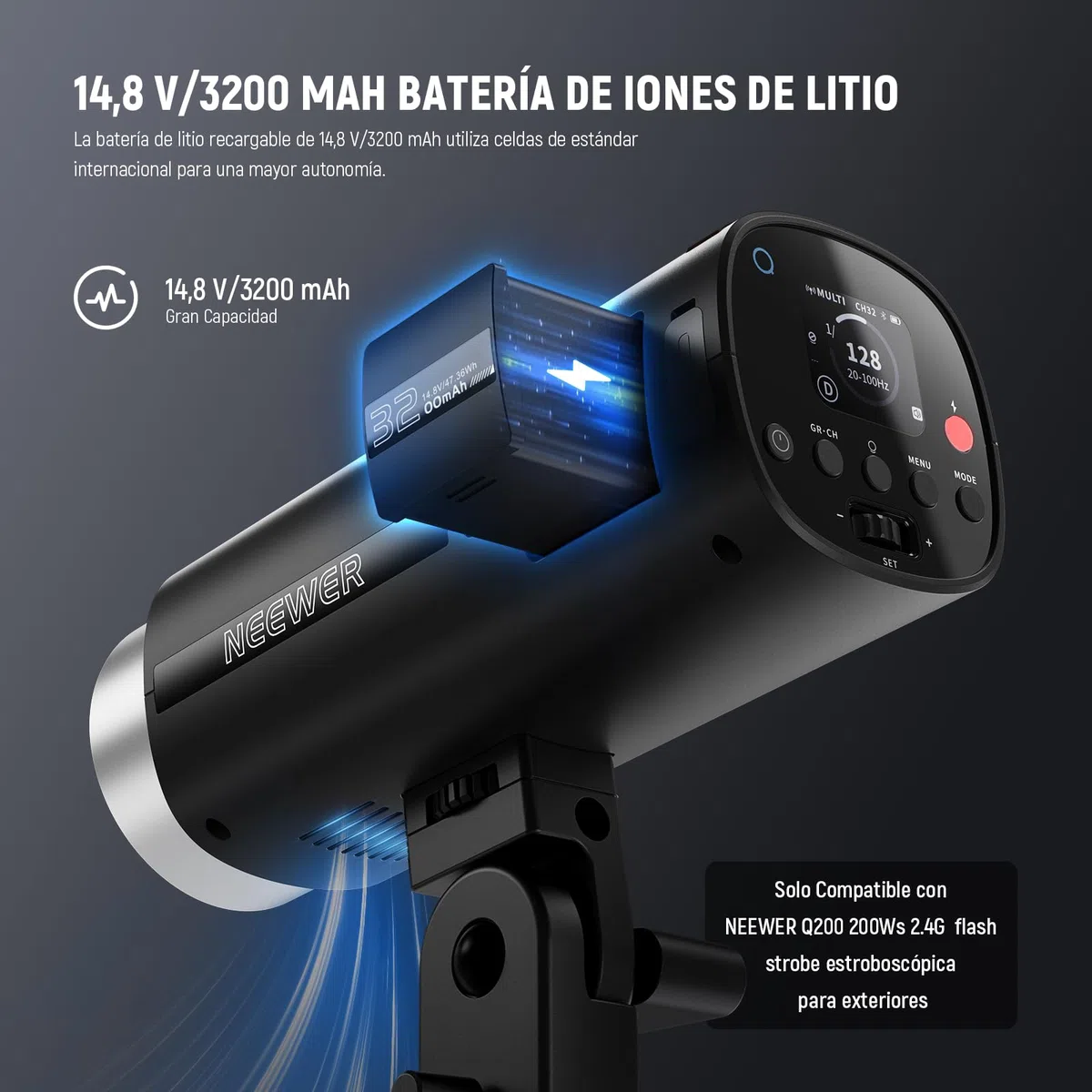 NEEWER Q200 Batería Rpuesto, Paquete de 14,8V/3200mAh Batería Iones Litio Recargable Solamente Q200 Luz Estroboscópica Flash Exterior para Fotografía Exterior, NB-Q200