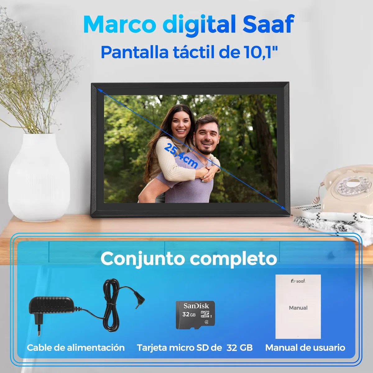 Saaf Marco de Fotos Digital – Pantalla Táctil 10,1" – WiFi & App ‘Uhale’ – 64GB Almacenamiento (32GB Interno + 32GB SD) – Marco Digital – Negro – Fácil de Usar