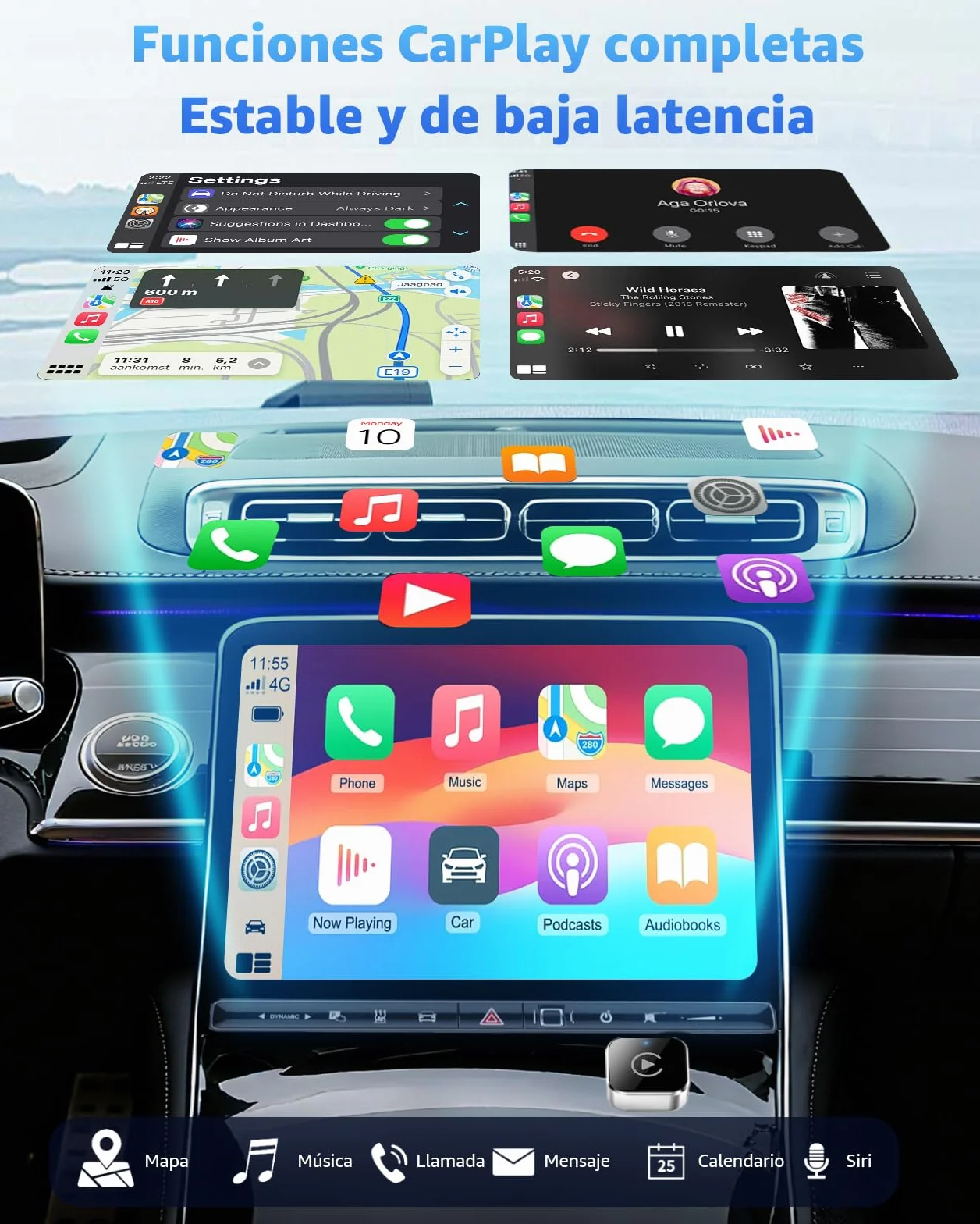 Adaptador CarPlay Inalámbrico y Android Auto, Mini Convertidor USB-A/USB-C Plug & Play, de Cable a Inalámbrico, Conexión Automática, WiFi 2.4GHz/5.8GHz, para Coches con CarPlay de Fábrica