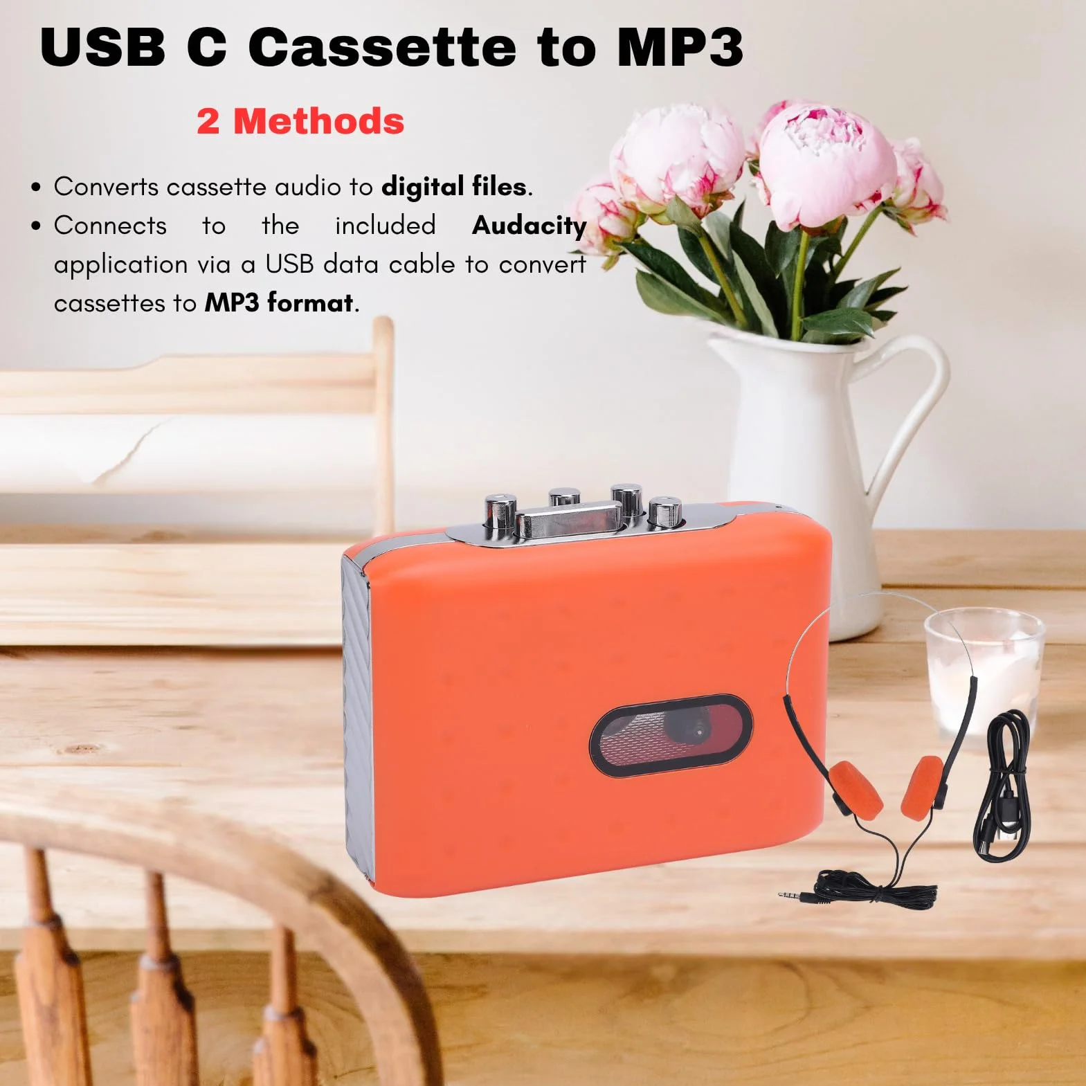 Player Portátil Cassette USB Cassette-TO-MP3 Convertidor con Grabadora de Micrófono Integrado y Enchufe de Auriculares Naranja