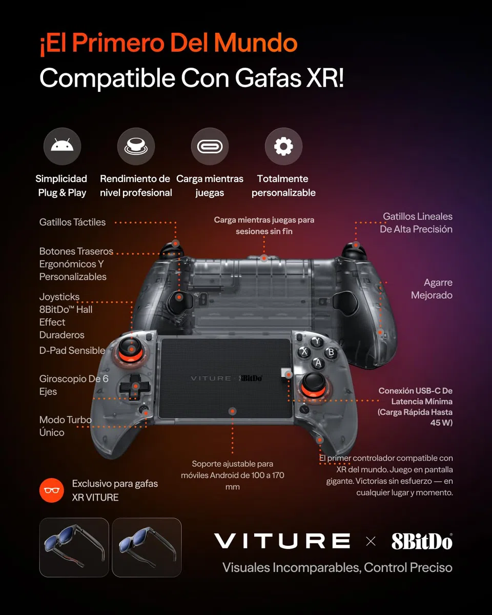 VITURE x 8BitDo Ultimate Mobile Gaming Controller - El Primero Del Mundo para Gafas XR | USB-C Latencia Mínima, Sticks de Efecto Hall, Carga Mientras Juegas, Rendimiento Profesional para Android