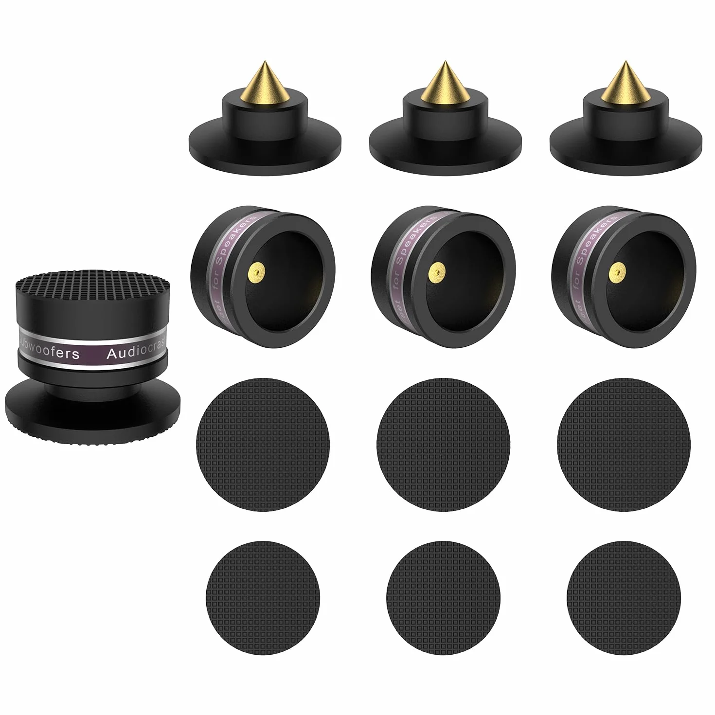 Juego de 4 tacos de aluminio para altavoz, altura regulable, negro