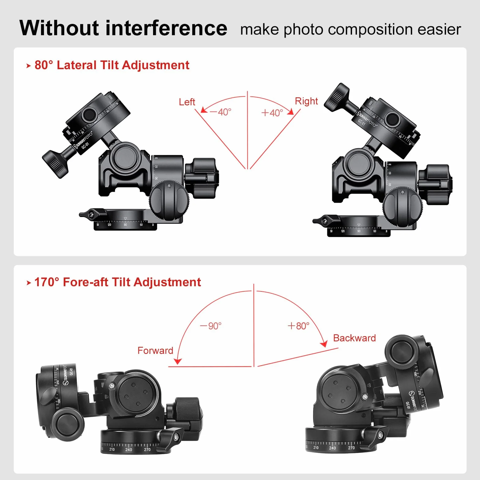 Sunwayfoto GH-PROII+ Cabezal de engranaje 3D con ajuste independiente viene con abrazadera panorámica de engranajes GC-01