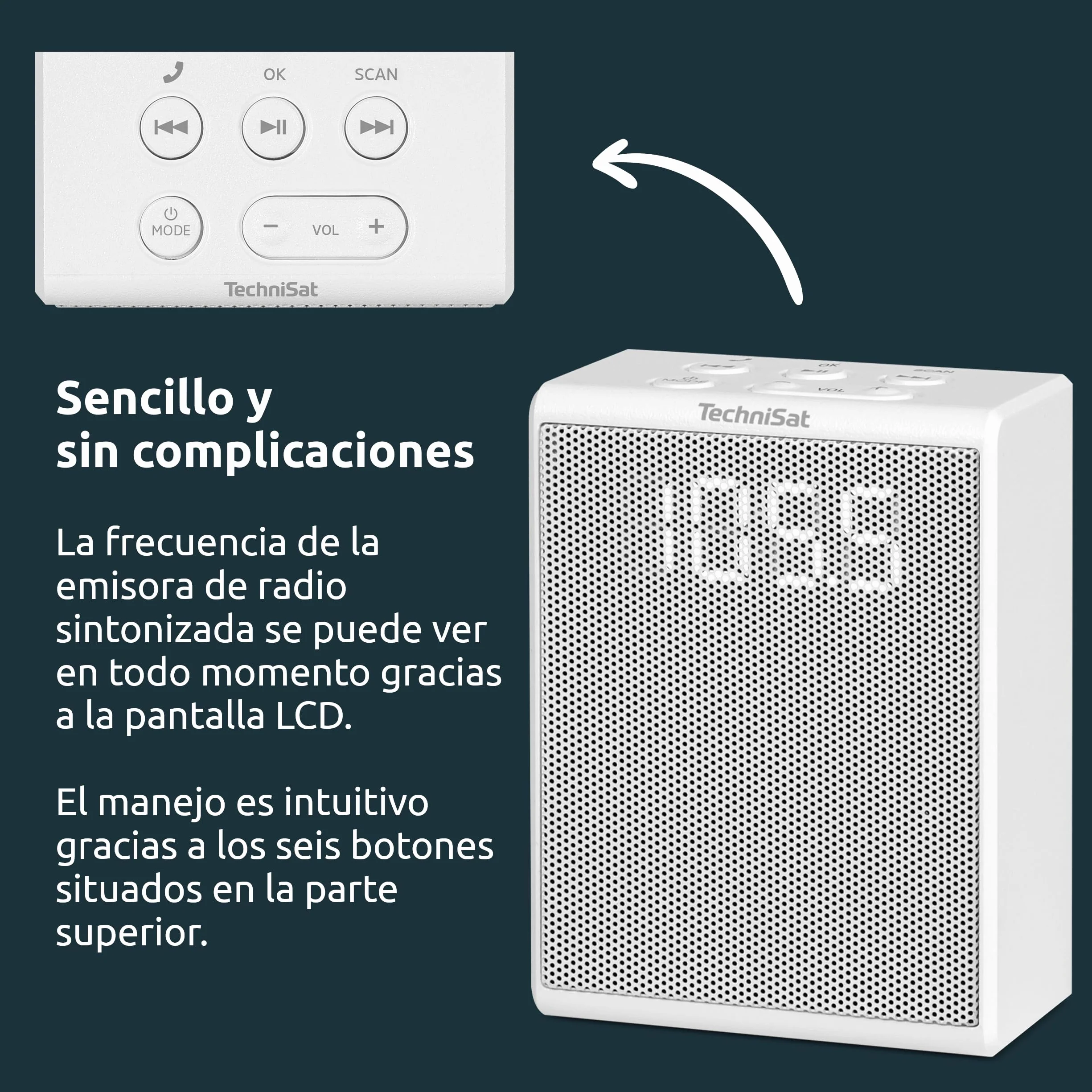 TechniSat Viola Radio de Enchufe FM Compacto Bluetooth Manos Libres 30 Emisoras 1.5 W Blanco