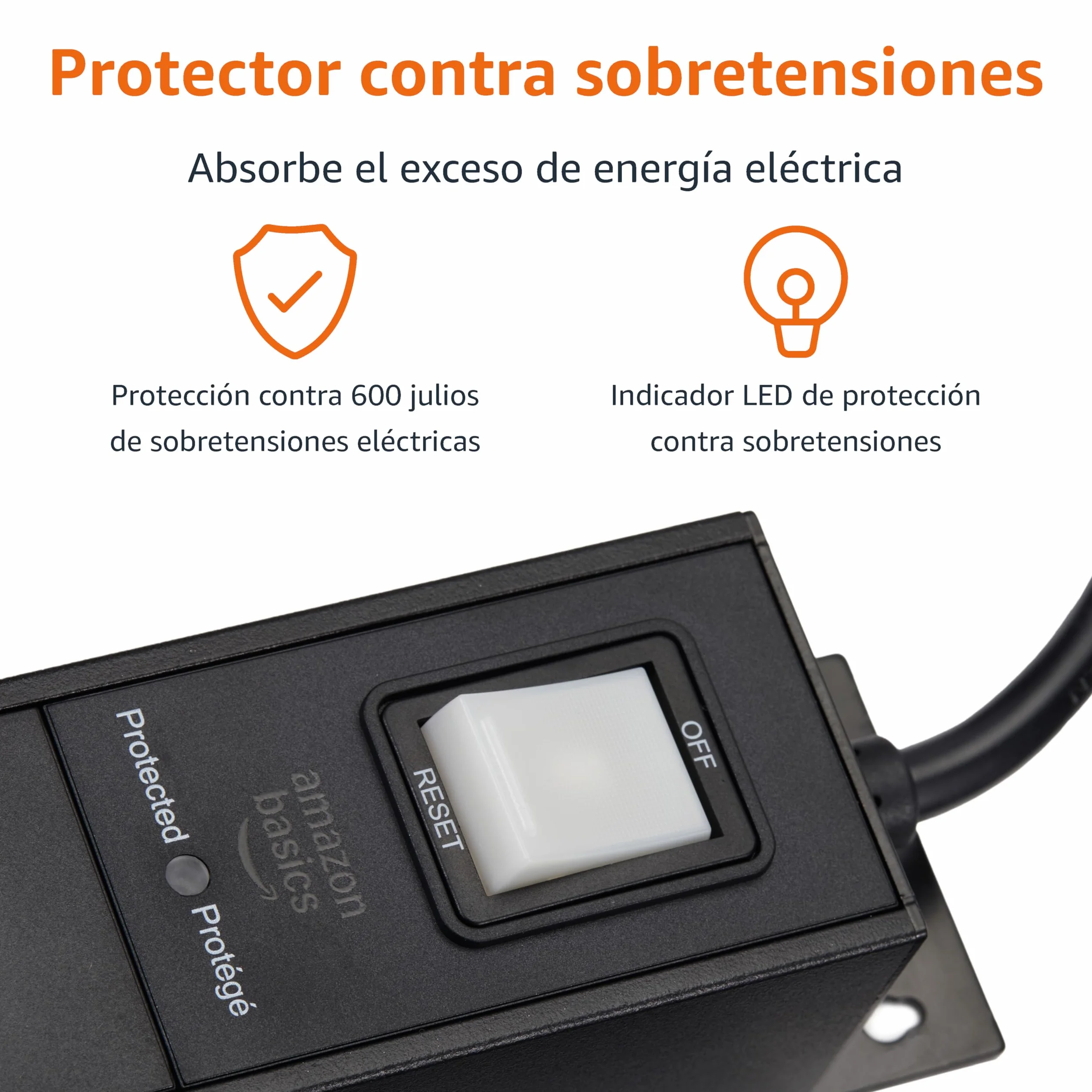 Amazon Basics Regleta de Alimentación Rectangular de Metal Resistente a Sobretensiones con Protectores de Seguridad, 9 Tomas de Corriente (Enchufe de la UE), 600 Julios, Cable Negro de 1,8 m