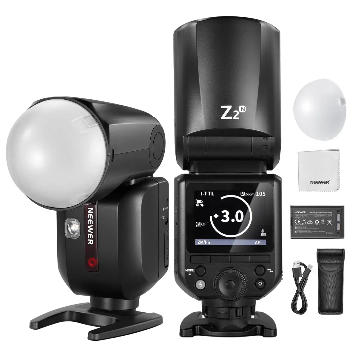 NEEWER Z2-N 2.4G TTL Flash Speedlite Cabeza Redonda Compatible con Nikon, 600 Flashes a Máx Potencia, 3000mAh, 76W 1/8000s HSS, 2 Lámparas Modelado, Difusor Luz, TTL/M Toggle Key para 2.4G Sistema Q