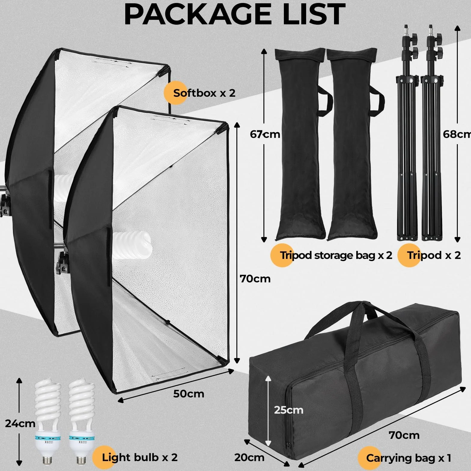 Softbox LED Set, Foco Fotografía 2 x 50 x 70cm con 135W Bombillas LED 5500 K, Kit de Iluminación, Soportes de luz Ajustables, para Youtube, TikTok, Retratos de Estudio, Fotografía