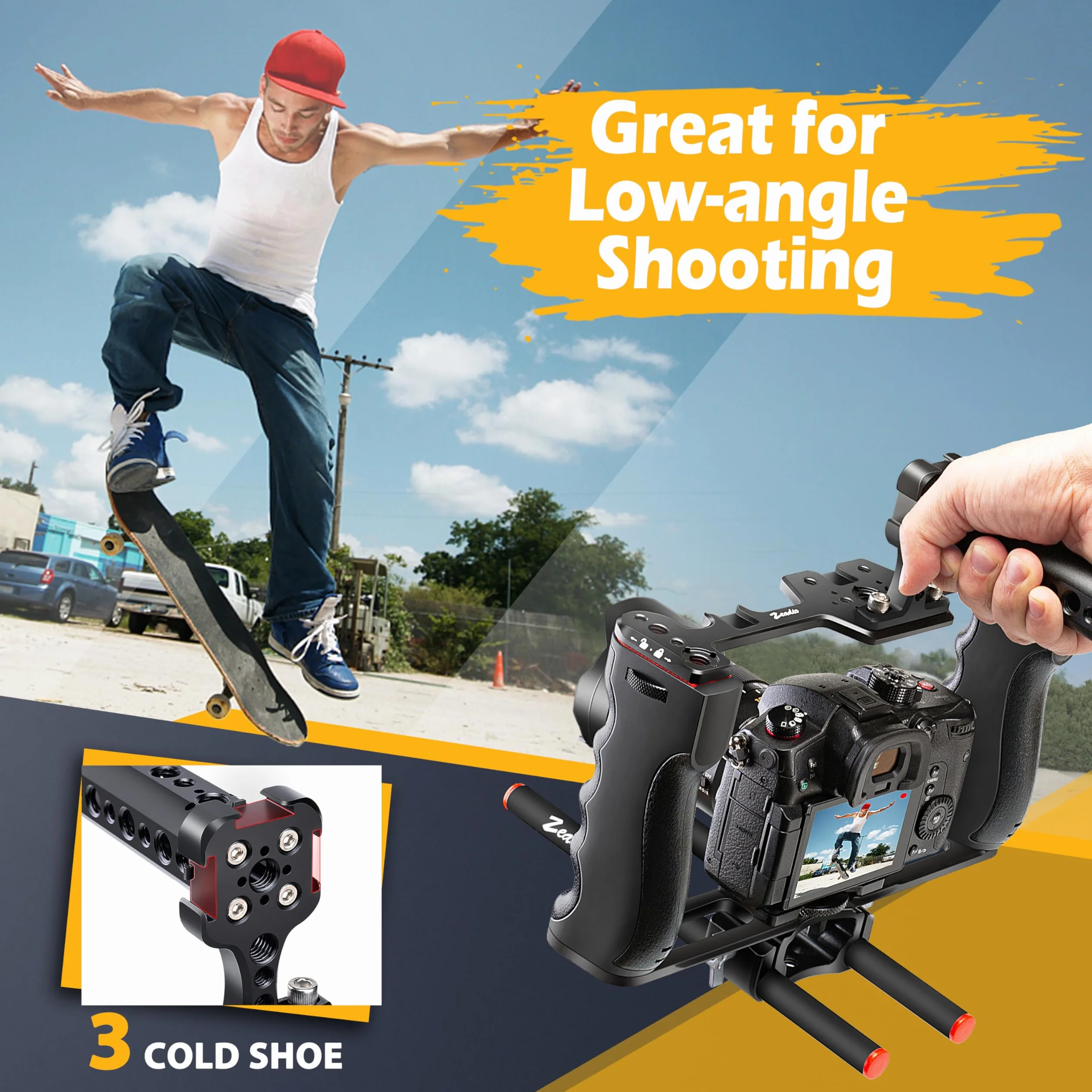 Zeadio Jaula de rig para cámara de Video, Kit de realización de películas con Mango Superior y Base Tipo Arca & Guía de Barra, Compatible con Todas Las cámaras y cámaras SLR Digitales