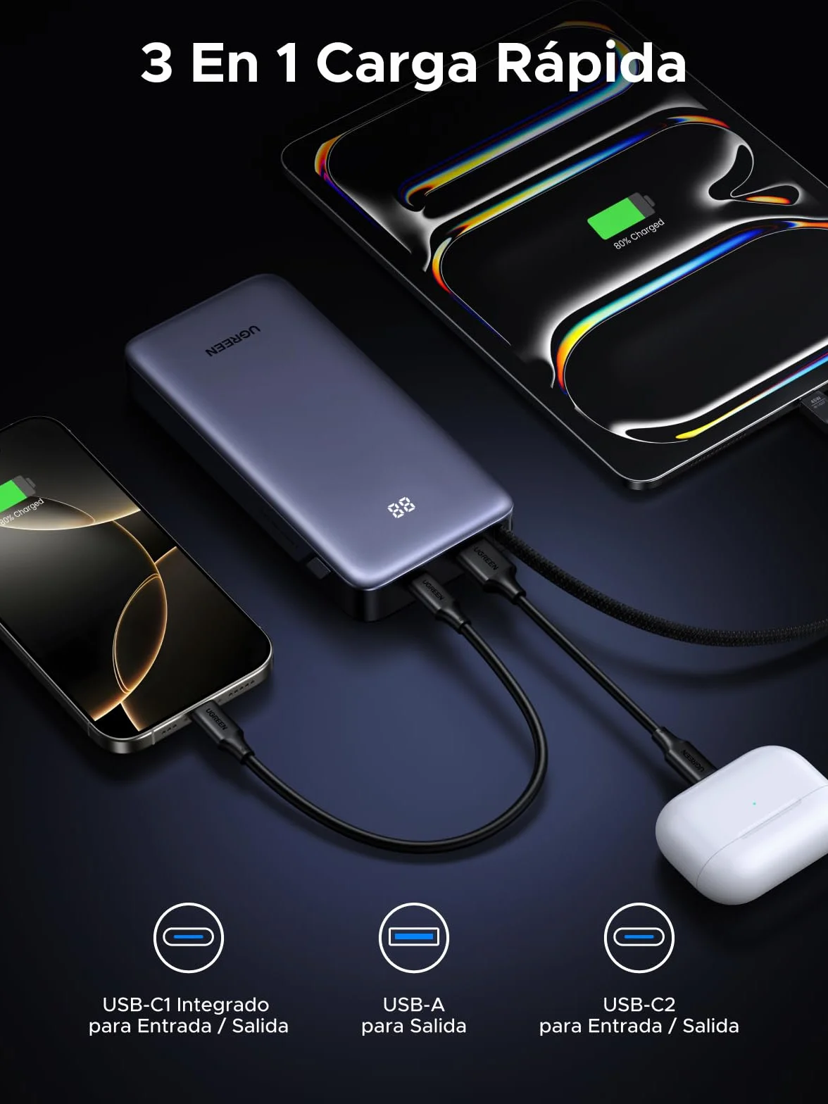 UGREEN Nexode 45W Power Bank 20000mAh Batería Externa Carga Rápida Cable USB C Integrado PD3.0 Cargador Portátil PC LED Compatible con iPhone 17 16 15 Plus Pro MAX Galaxy S25 S24 A56 A16 MacBook iPad