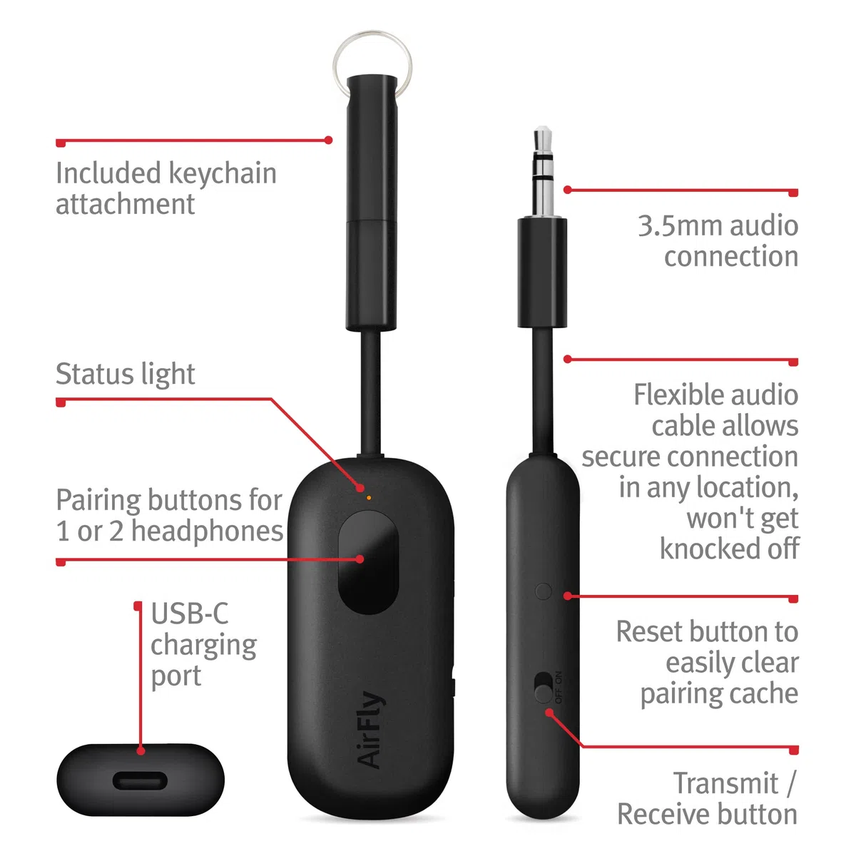 Twelve South AirFly Pro - Transmisor/Receptor de Audio inalámbrico Bluetooth para hasta 2 AirPods/Auriculares inalámbricos; Uso con Cualquier Conector de Audio de 3,5 mm, Color Negro