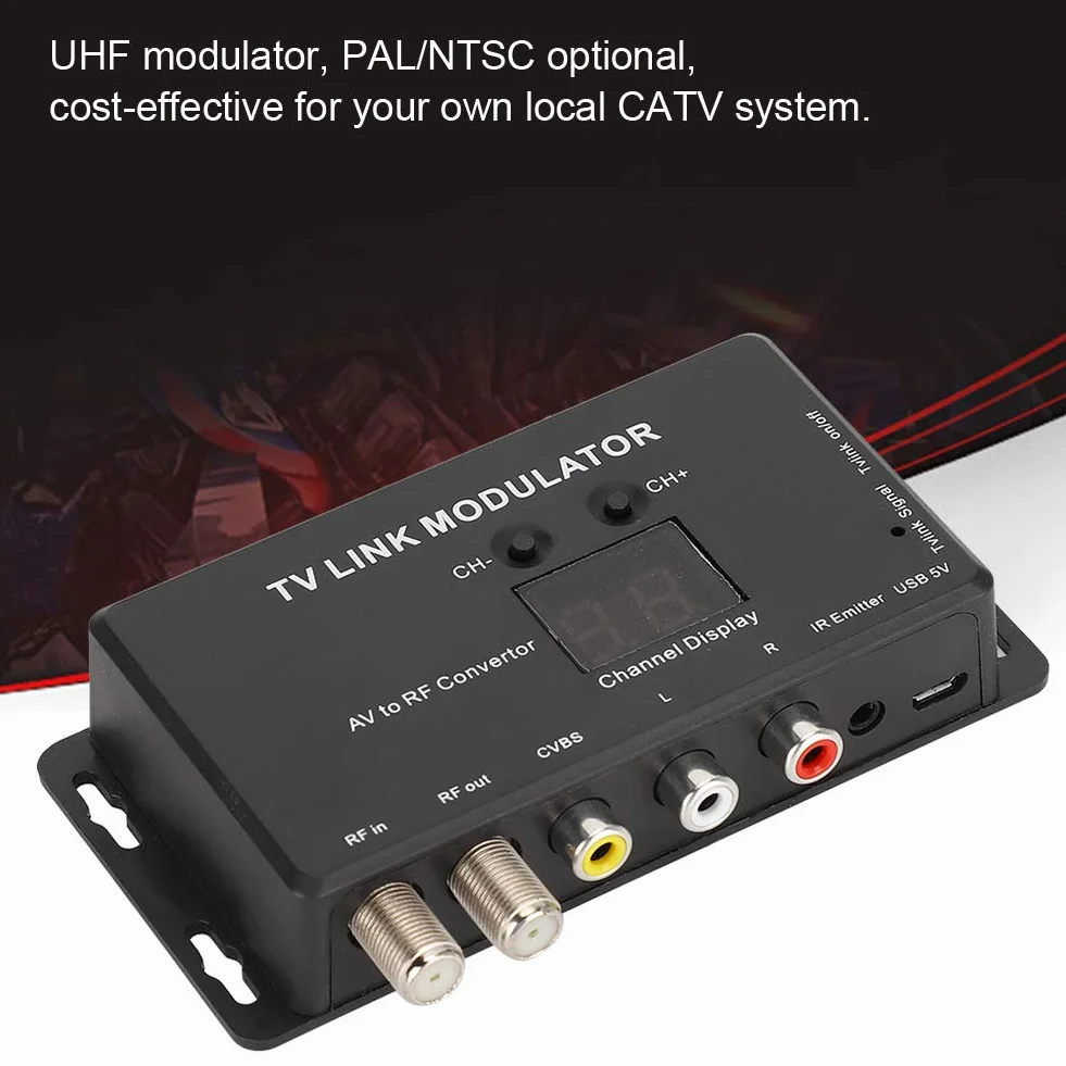 Convertidor AV a RF, Mini TV Link Modulator IR Extender, Modulador UHF con Nivel de Salida de Audio/Video Ajustable, Compatible con decodificador, Fuentes de A/V