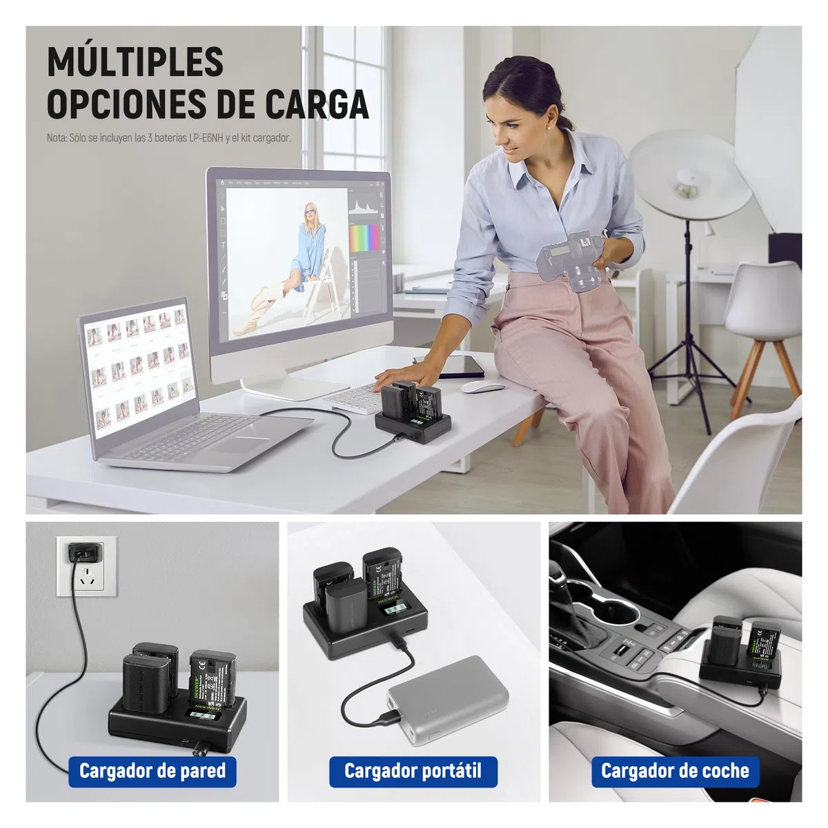 NEEWER LP-E6NH 3 Baterías Repuesto & Cargador USB Set, 3 Paquete 2250mAh para LP-E6NH con Cargador USB Triple Ranura, Paño Limpieza, Compatible con Canon EOS R7 R5 R6 R6 II R 5DIV 6DII 7DII 80D