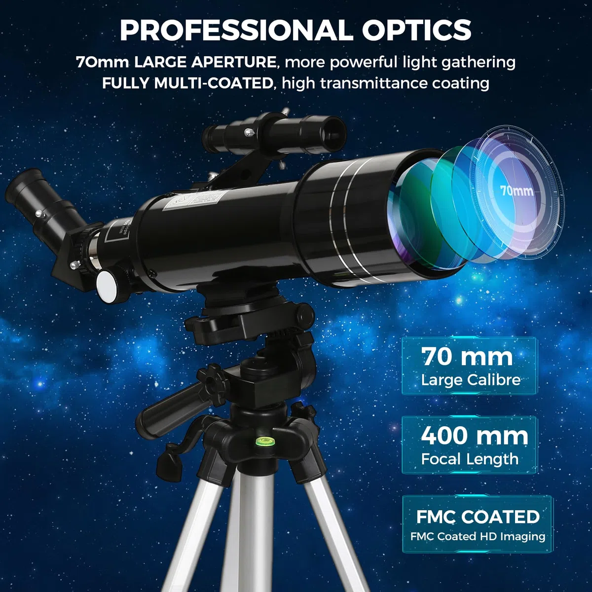 Telescopio de 70/400 mm, Ocular Kellner 6 y 25 mm, para Principiante y Niño, con Trípode Ajustable en Altura para Observar Luna y Planetas