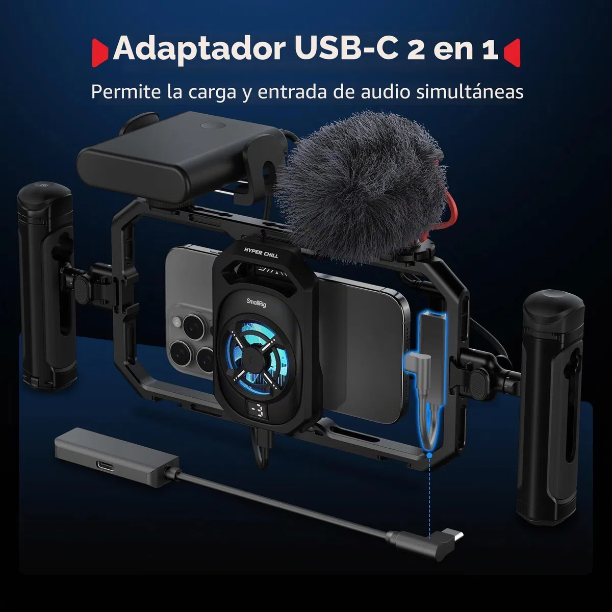 SmallRig Jaula universal Hyper Chill Cooling para iPhone/Android, con enfriador activo de 15 W y adaptador USB-C 2 en 1 y soporte para banco de energía, teléfonos compatibles de 2.5 a 3.1 pulgadas