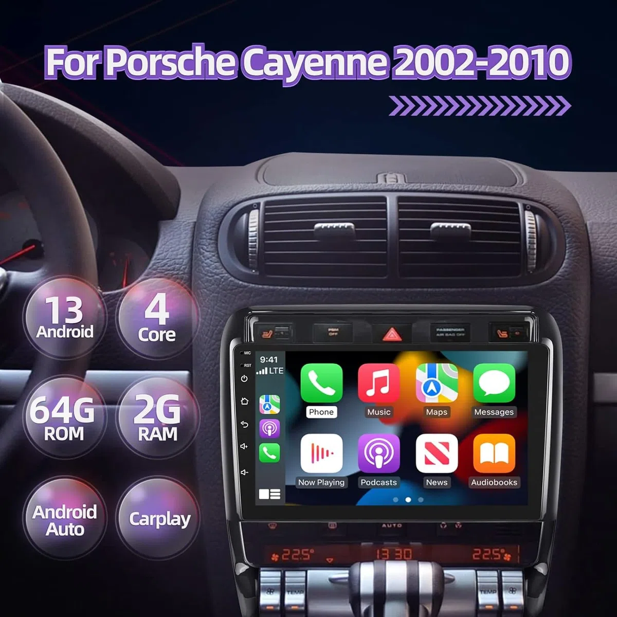 Android 13 Radio Coche para Porsche Cayenne 2002-2010 con Apple Carplay y Android Auto 9inch Pantalla táctil Estéreo de Coche Navegación GPS Hi-Fi + AHD Cámara de Respaldo y micrófono