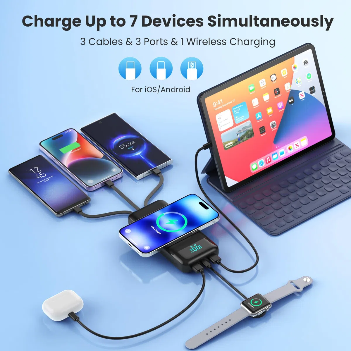 Power Bank Inalámbrico 26800mAh con 3 Cables, 7 en 1 Batería Externa Carga Rápida 25W PD3.0+QC4.0, 6 Puertos Powerbank Cargador Portátil LCD Display Compatible con iPhone17/16/15/14/13Huawei etc-Negro