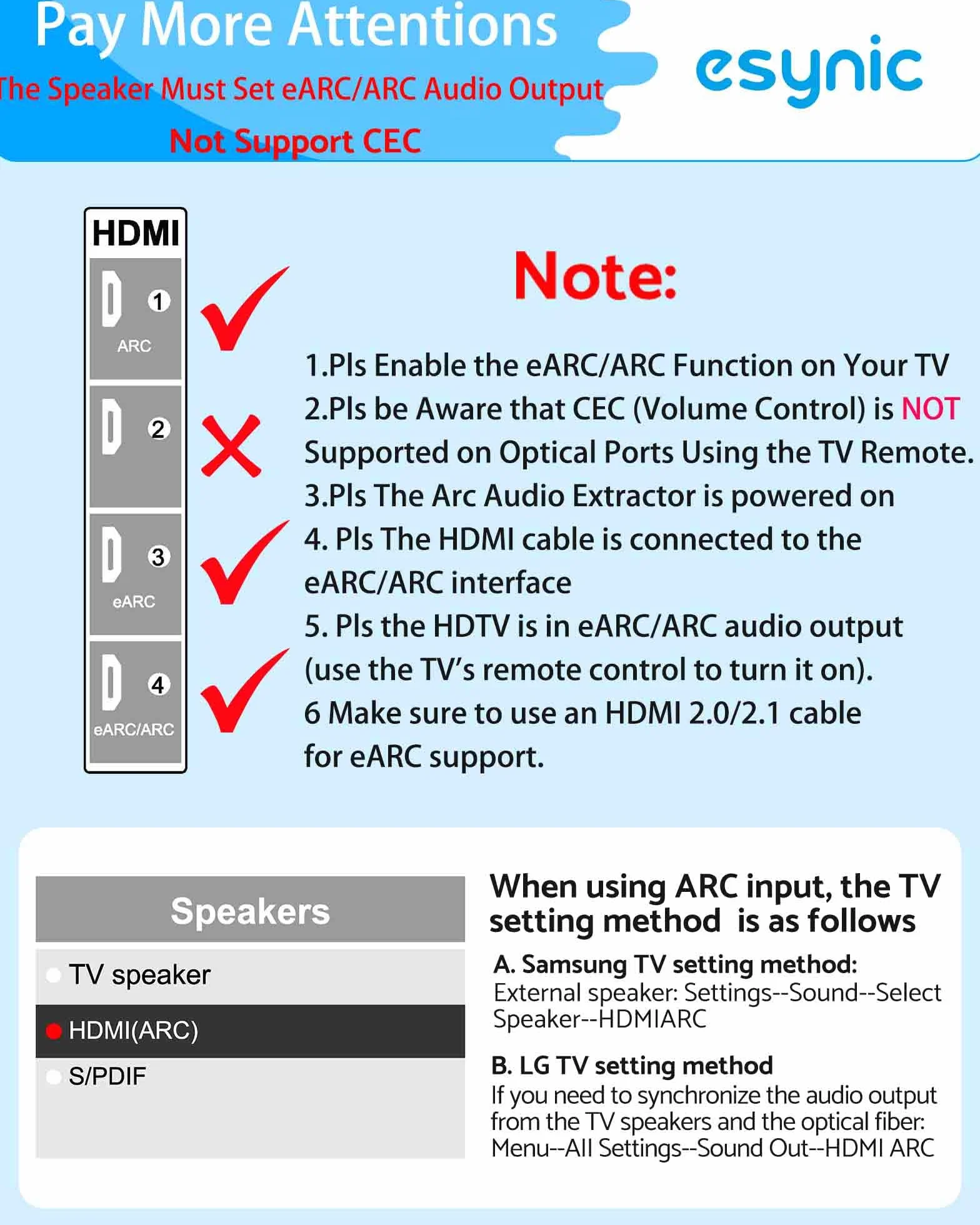 eSynic Extractor de Audio eARC ARC 192kHz HDMI a Óptico con Cable HDMI y Óptico compatible con 5.0 y 2.0 para HDTV