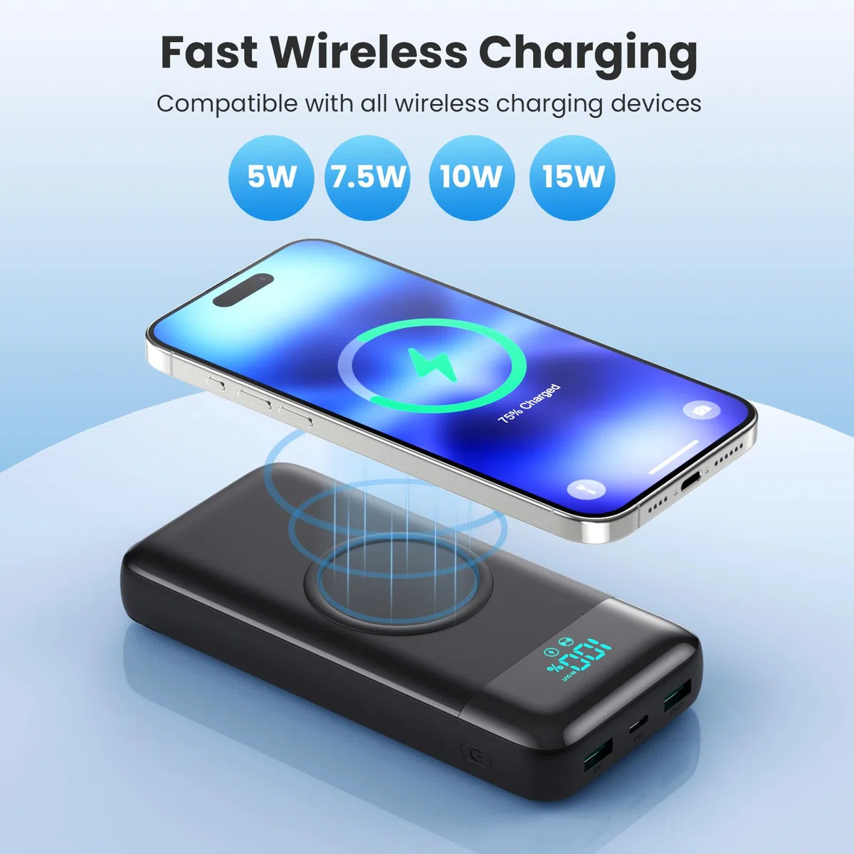 Power Bank Inalámbrico 26800mAh con 3 Cables, 7 en 1 Batería Externa Carga Rápida 25W PD3.0+QC4.0, 6 Puertos Powerbank Cargador Portátil LCD Display Compatible con iPhone17/16/15/14/13Huawei etc-Negro
