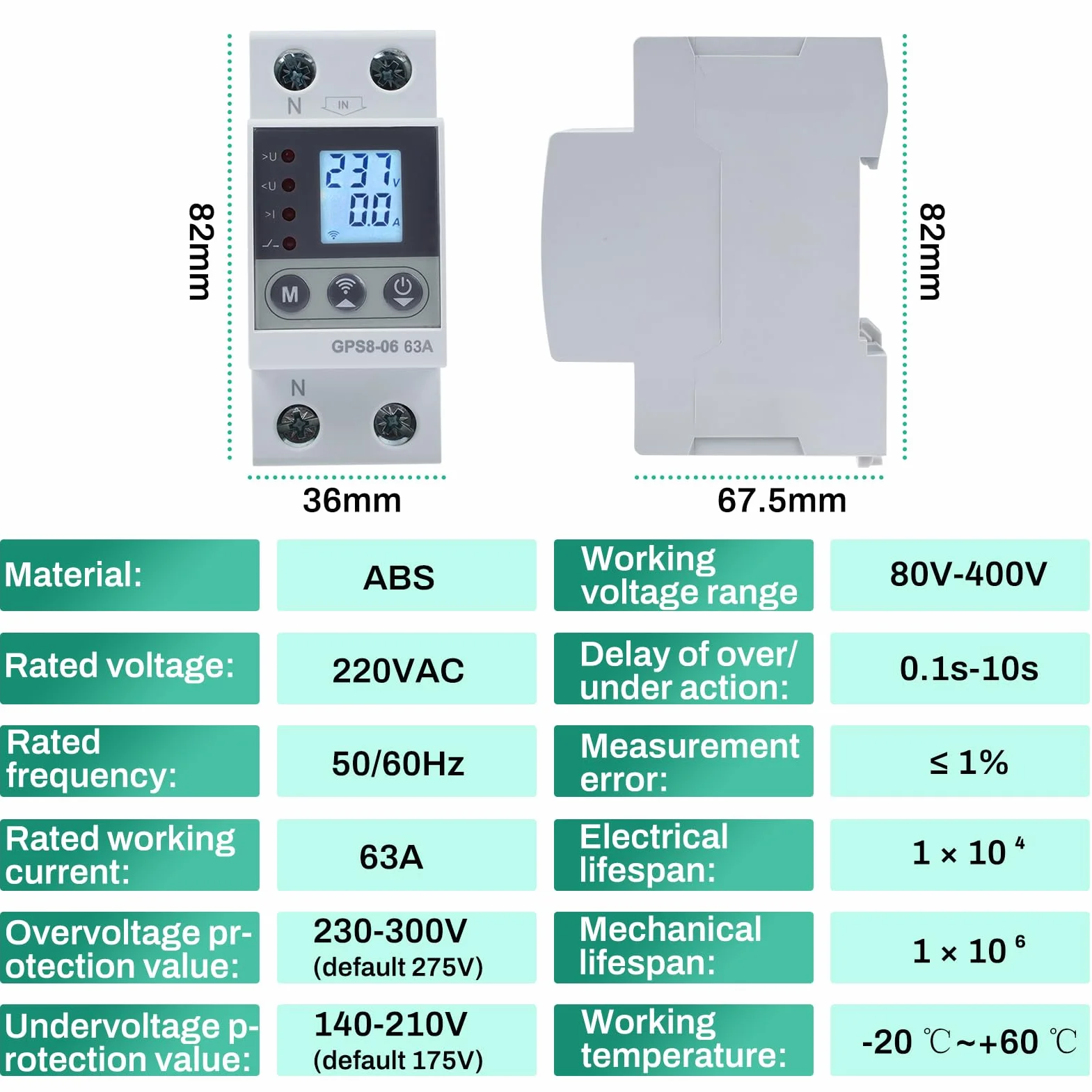63A Protector sobretensiones WiFi Interruptor contador electrico 2P 220V AC con funcion de autorreajuste de sobretension/subtension y sobrecorriente ajustable.