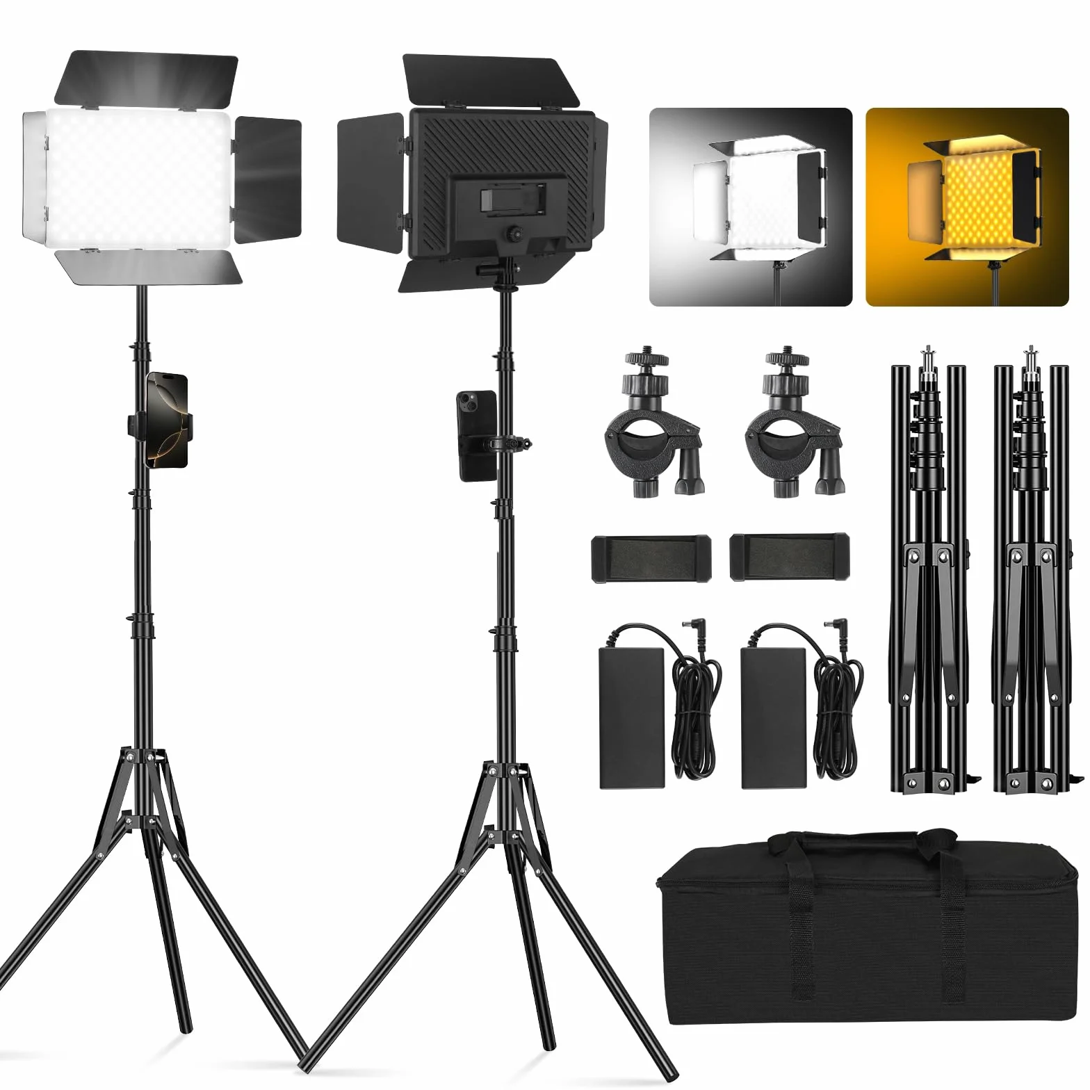 Soonpho 2-Pack Bi LED Panel Luz de Vídeo Set con Barn Door 2500-6500K Regulable 20W de Light de Iluminación de Estudio de Fotografía con Trípode y Soporte para Teléfono Móvil para Vídeo Youtube Live