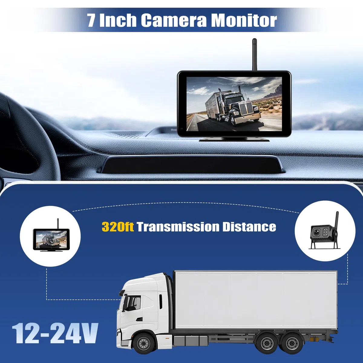Cámara Trasera Inalámbrica con Pantalla Táctil IPS de 7 Pulgadas, BSD + Asistencia al Aparcamiento + Visión Nocturna + Resistente al Agua IP68 + Grabación en Bucle, 12-24 V