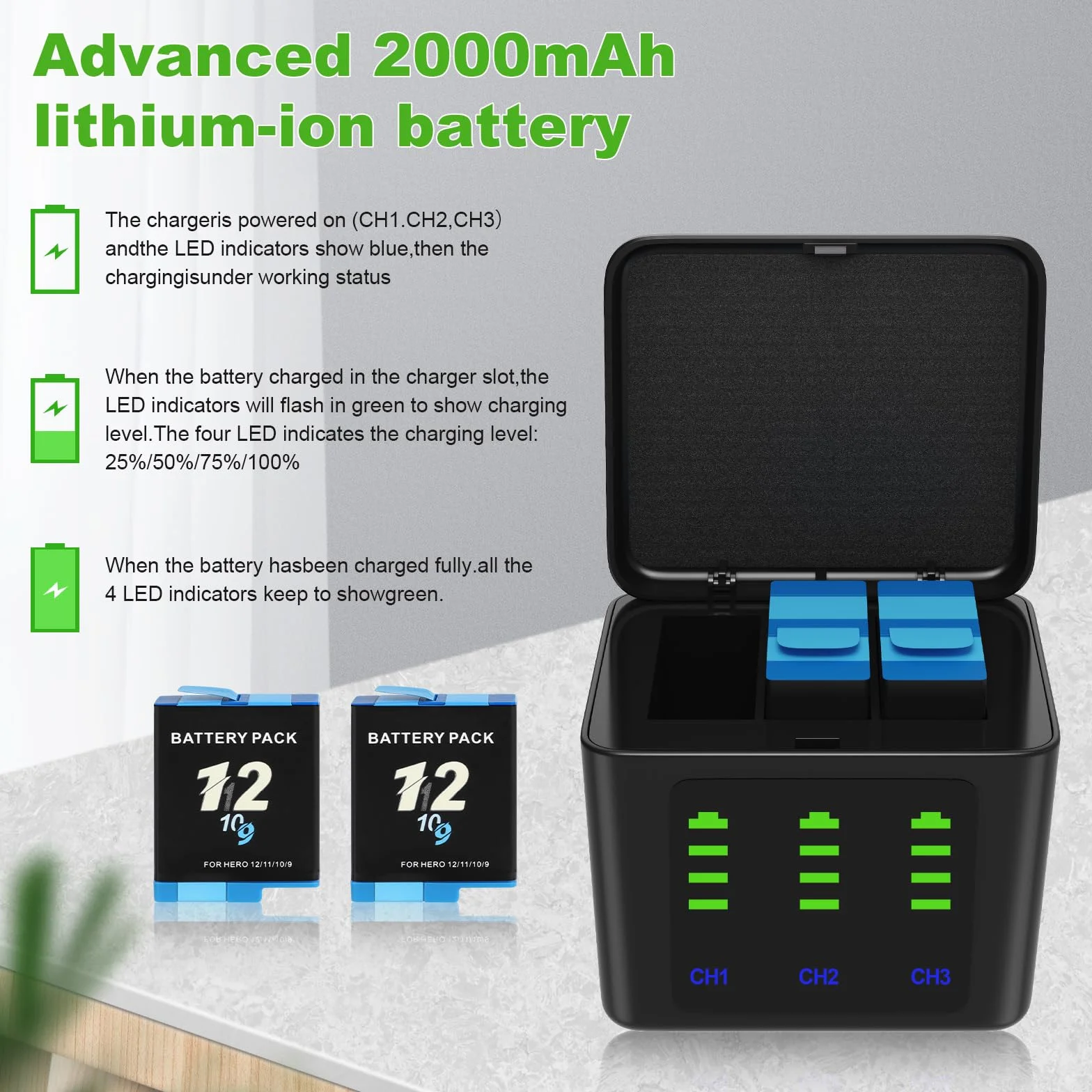 ASUNCELL 2000mAh Hero 12 Batería Recargable 2 baterías de Iones de Litio con Tres Cargadores para GoPro Hero 12 11 10 9 Negro