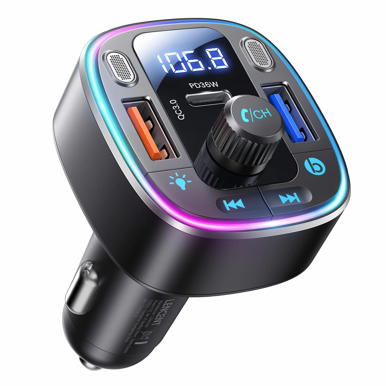 LENCENT Transmisor FM Bluetooth 5.4 Manos Libres Coche con Carga Rápida PD 36W QC3.0