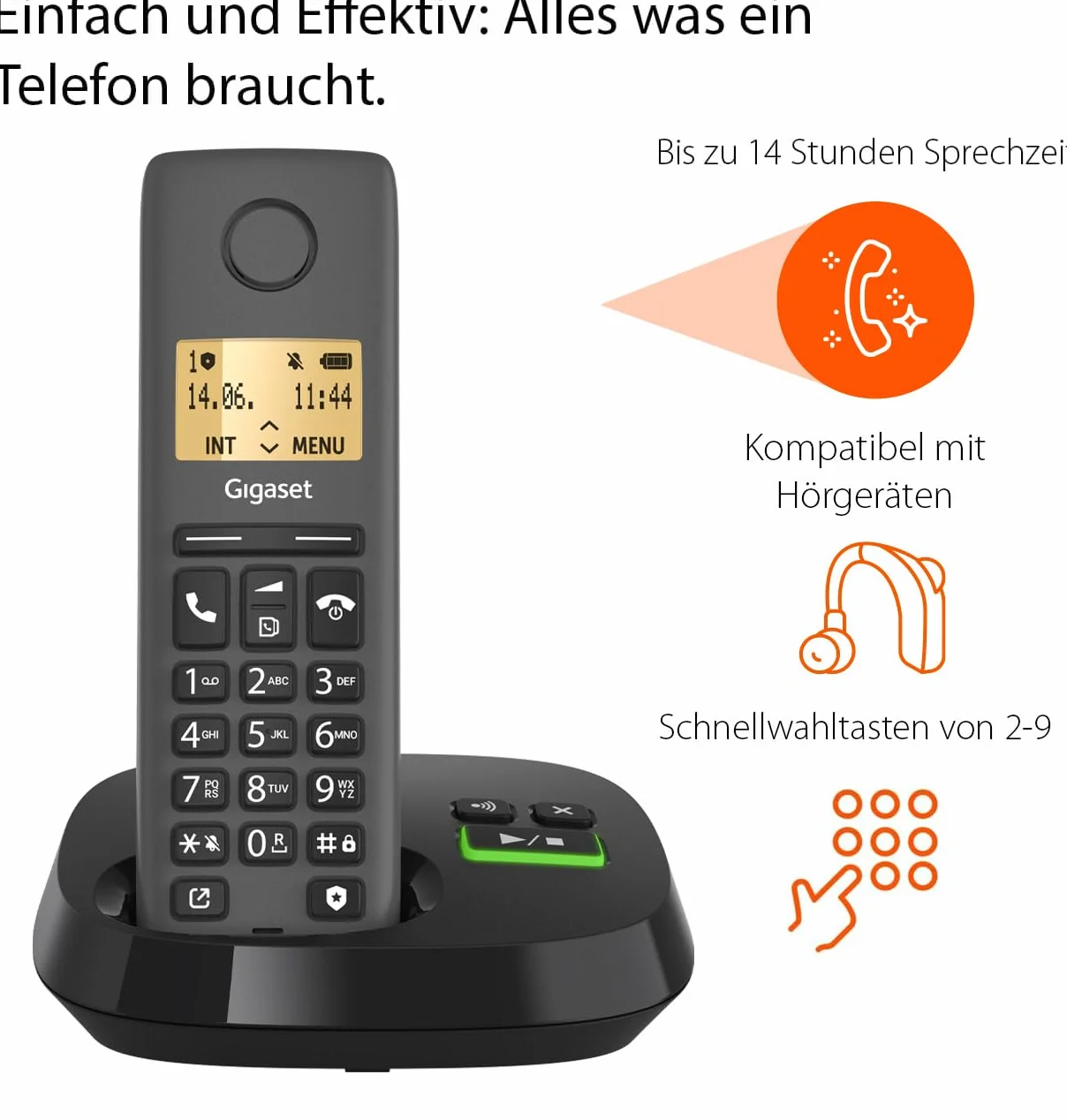 Gigaset Pure 120A - Teléfono inalámbrico - Teléfono DECT con contestador - Pantalla retroiluminada - Compatible con Audífonos, Protección de Llamadas no deseadas, Negro Antracita