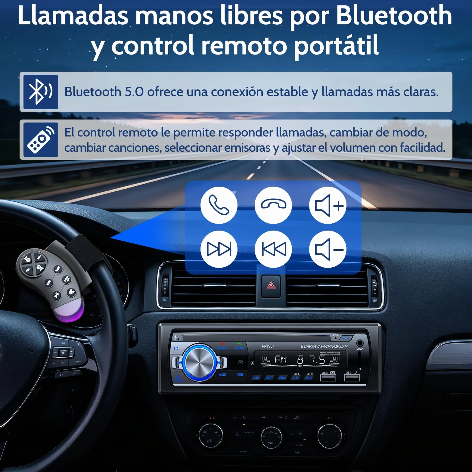 Radio Coche Bluetooth,Wistrue Radio Coche 1 DIN FM Autoradio Bluetooth soporta 2USB/AUX/SD/TF/Control Remoto/Carga Rápida, Compatible con iOS & Android (Sin CD/DVD)