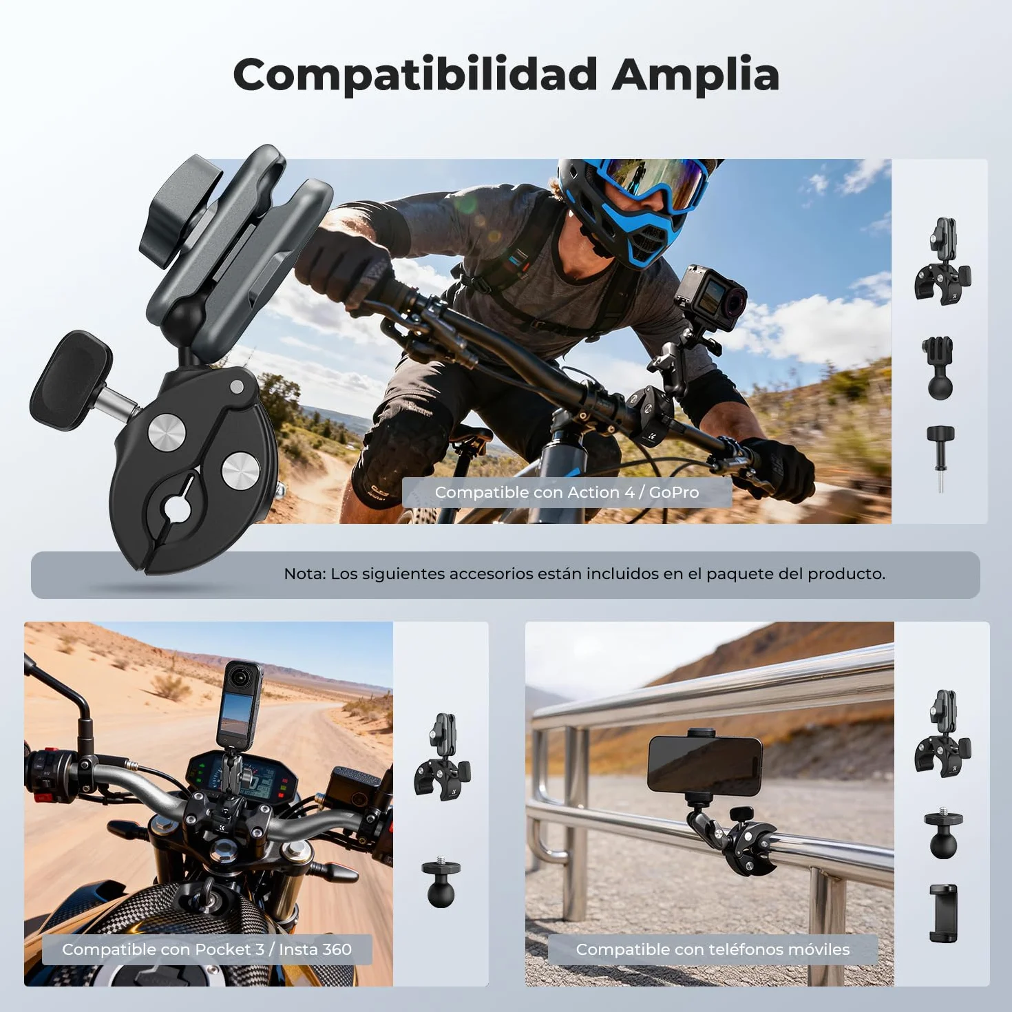 K&F CONCEPT Abrazadera para Cámara con Cabezal Doble 360° Soporte Manillar Bicicleta Motocicleta Compatible GoPro Hero 13/12 Insta360 X5/X4 Osmo Action 5 Pocket 3
