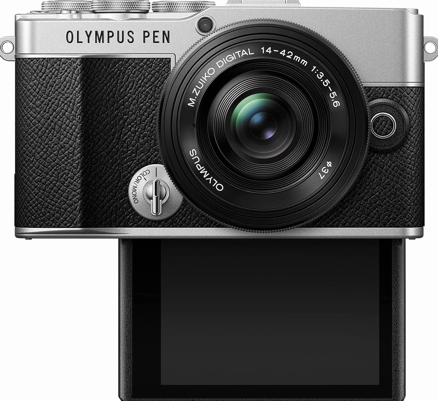 Kit de cámara Olympus Pen E-P7 Plata, Sensor de 20 MP, LCD de Alta definición abatible, 4K, Wi-Fi, Control de Perfil Monocromo y del Color. Incluye M.Zuiko Digital ED 14-42 mm EZ Negro