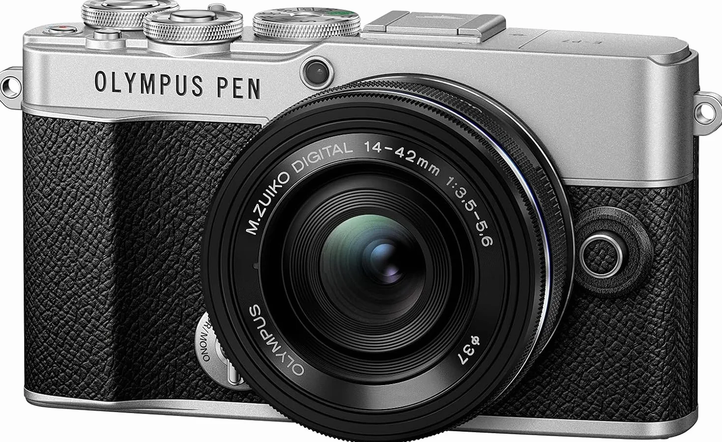 Kit de cámara Olympus Pen E-P7 Plata, Sensor de 20 MP, LCD de Alta definición abatible, 4K, Wi-Fi, Control de Perfil Monocromo y del Color. Incluye M.Zuiko Digital ED 14-42 mm EZ Negro