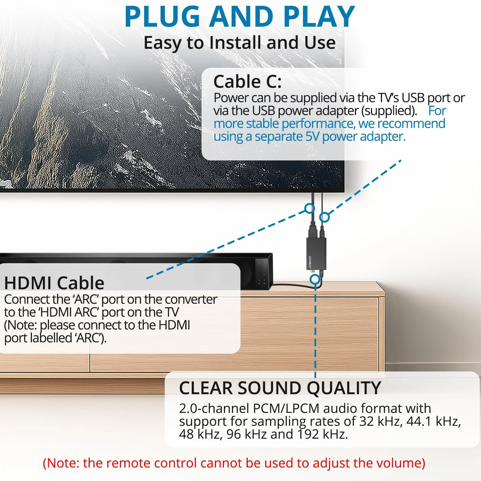AUTOUTLET Extractor de Audio Digital ARC HDMI ARC a Óptico/Coaxial Convertidor de TV a Sonido Digital para Soundbar, Amplificador