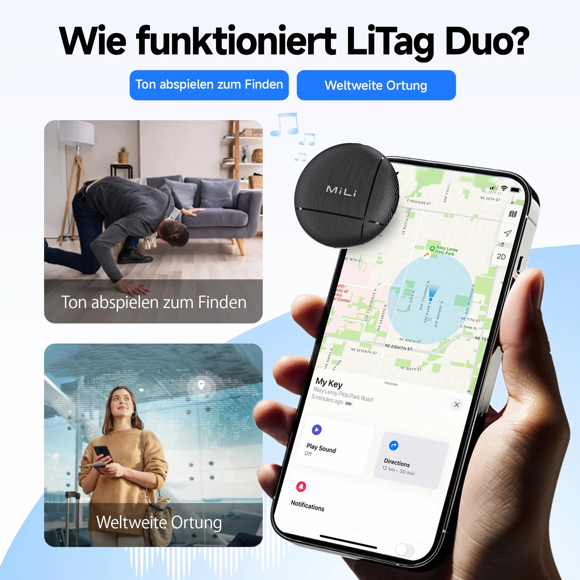 MiLi LiTag Duo - Smart Tag para iOS y Android, Compatible con Apple Buscar y Google Localizador, Bluetooth Key Finder para Equipaje/Bolsos/maletín/Cartera