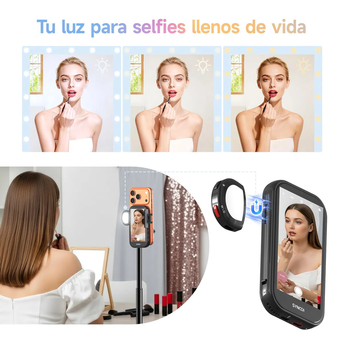 SYNCO XView M4 AI Pantalla Monitor Selfie con Luz Magnética para iPhone y Android, Control por Gestos, 4K sin latencia, Selfie Cámara Trasera, Batería 3h, para Youtube TikTok (Negro)