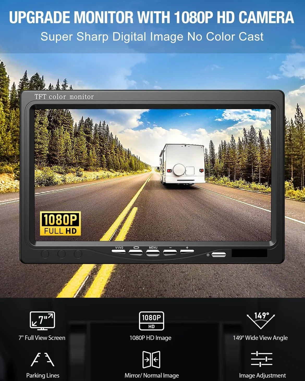 Cámara Trasera de Coche de señal HD, Monitor de 7" y Camara de Marcha Atras Impermeable Visión Nocturna, 170 ° Ajuste Gran Angular para RV Bus Remolque Camión Furgoneta