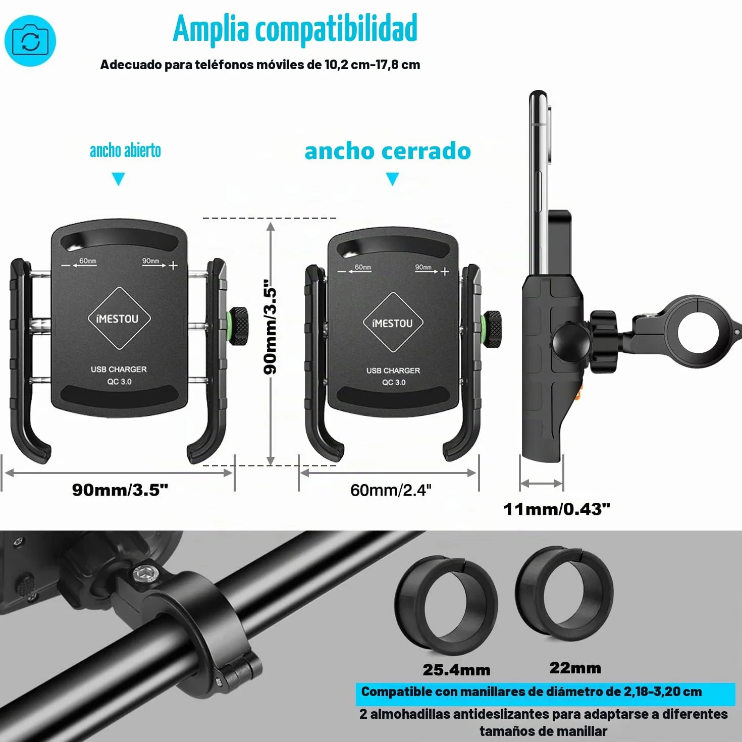 iMESTOU Cargador de Soporte para Teléfono de Motocicleta USB con Enchufe para Manillar/Espejo Retrovisor con Soporte para Vehículos de 12/24V Compatible con Smartphones de 4 a 6,8 Pulgadas