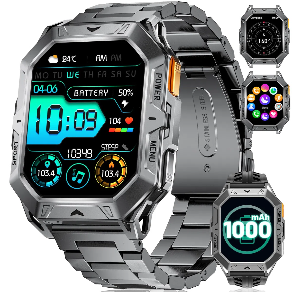 LIGE Reloj Inteligente Hombre, 256MB con 1000mAh Batería/Brújula/Altitud/Barómetro, 2.13" AMOLED Smartwatch Llamadas Bluetooth,100+ Deportivos,10ATM,Herzfrequenz/Schlafmonitor,Android iOS, Negro