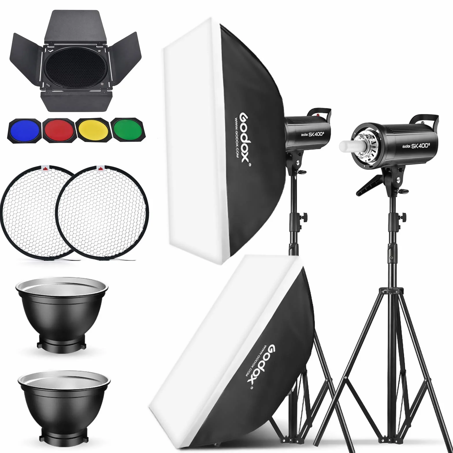 Godox SK400II - Kit de Montaje Flash estroboscópico (800 W, 2 Unidades, para Estudio fotográfico, localización de vídeo y fotografía de Retrato con Caja de luz, Soporte de iluminación, Kit de Puerta