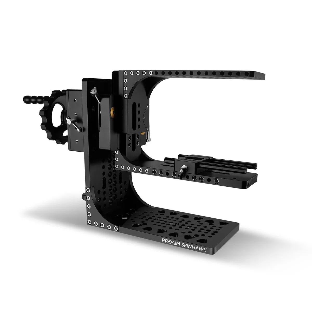 Cabezal PROAIM Spinhawk 360° para rigs de Cine Pesados, Carga 40 kg | Captura planos tipo barrel roll con manivela manual; rotación suave continua 360° para tomas cinematográficas