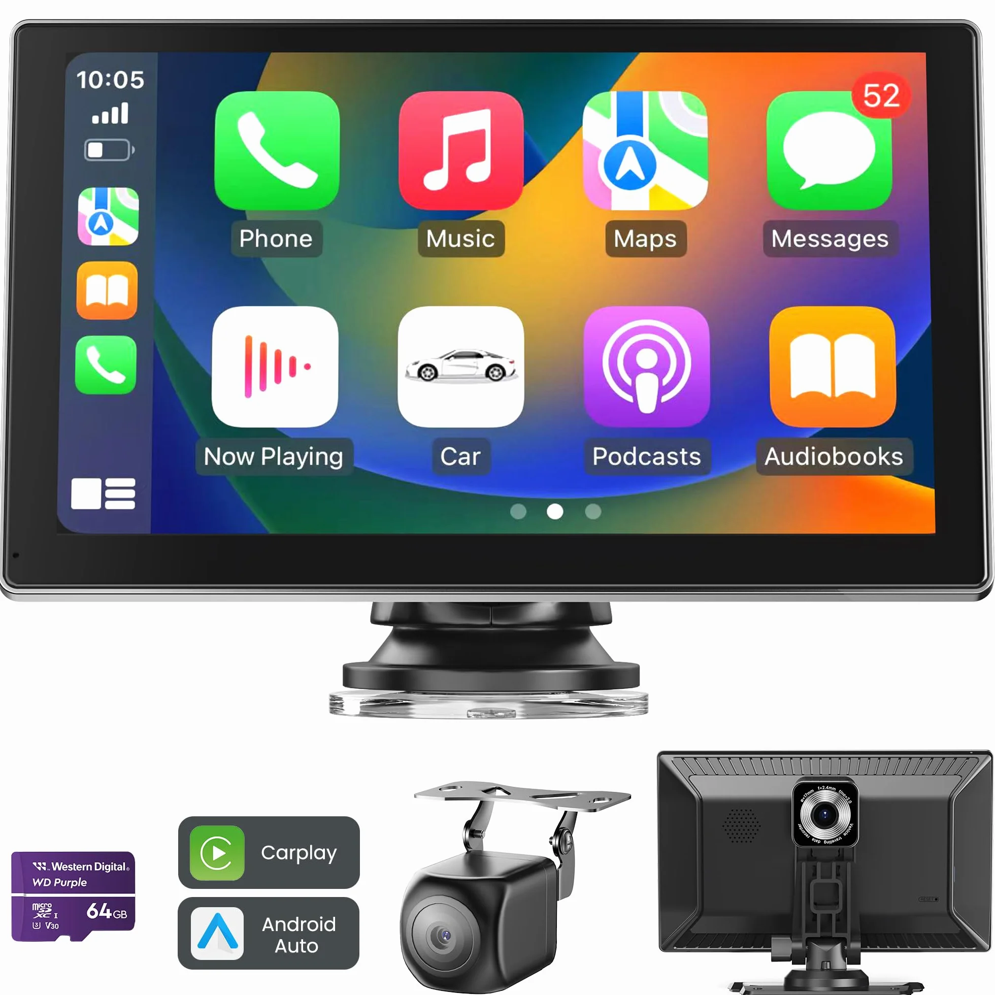 Jzones 9'' Pantalla Carplay Coche, Soporte CarPlay y Android Auto, Dash CAM 4K Integrada y Cámara Trasera 1080P, Navegador GPS/Bluetooth/Control por Voz/Mirror Link/FM, Incluye Tarjeta SD 64GB Gratis