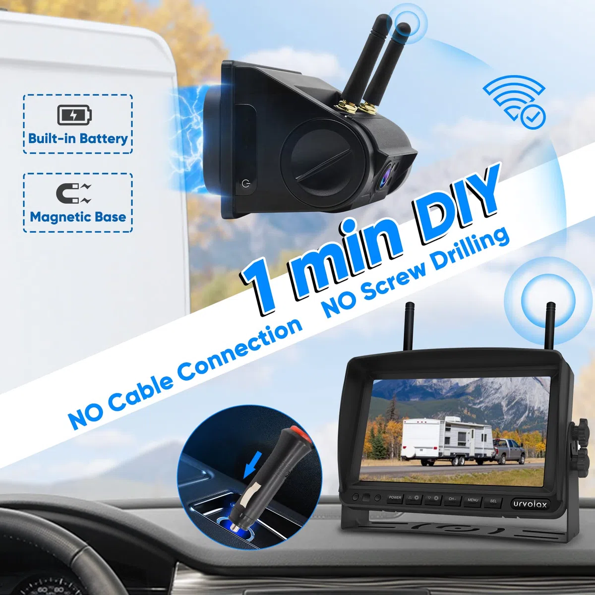 URVOLAX 100% Camara Marcha Atras Inalambrica, Cámara Magnética con Batería Recargable de 6700mAh, Instalación de Bricolaje, Monitor FHD de 7 pulgadas Grabación de Vídeo para Furgoneta Camion Coche 65X
