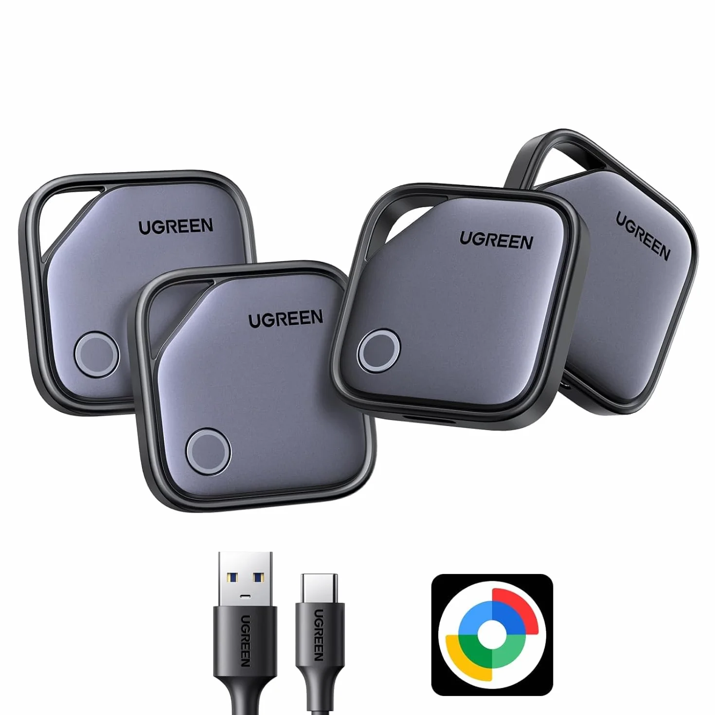 UGREEN FineTrack G Smart Finder Solo Android Localizador USB C Carga Rastreador Compatible con Google Find Hub para Cartera Llaves Equipaje Maleta, 1 Años de Batería(4 Piezas)