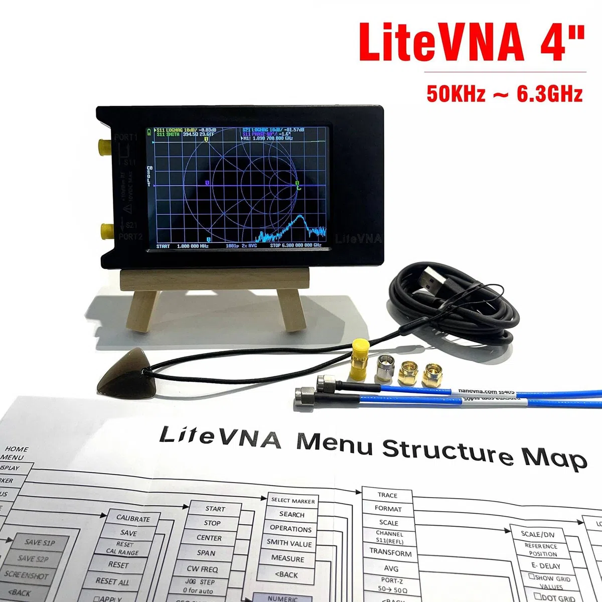 Nuevo LiteVNA-64 50KHz-6.3GHz LiteVNA 4Inch Pantalla táctil Vector Analizador de red UHF Analizador de antena de NanoVNA