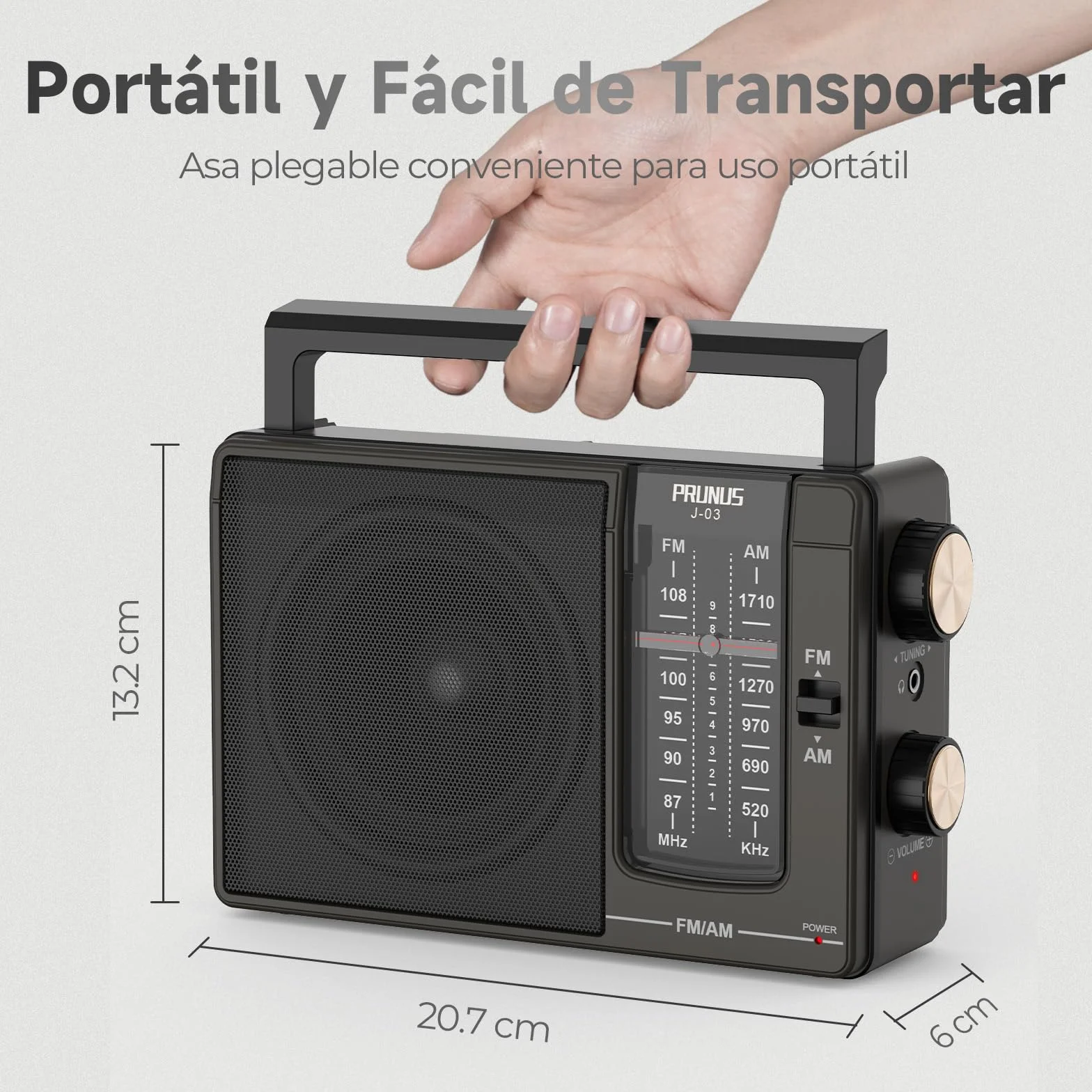 PRUNUS J-03 Am FM Radio Portatil Pequeña, Transistores Radios con Excelente Señal, Radio a Pilas o Energía de CA, Altavoz Grande, Operación Simple, Fácil de Usar para Personas Mayores.