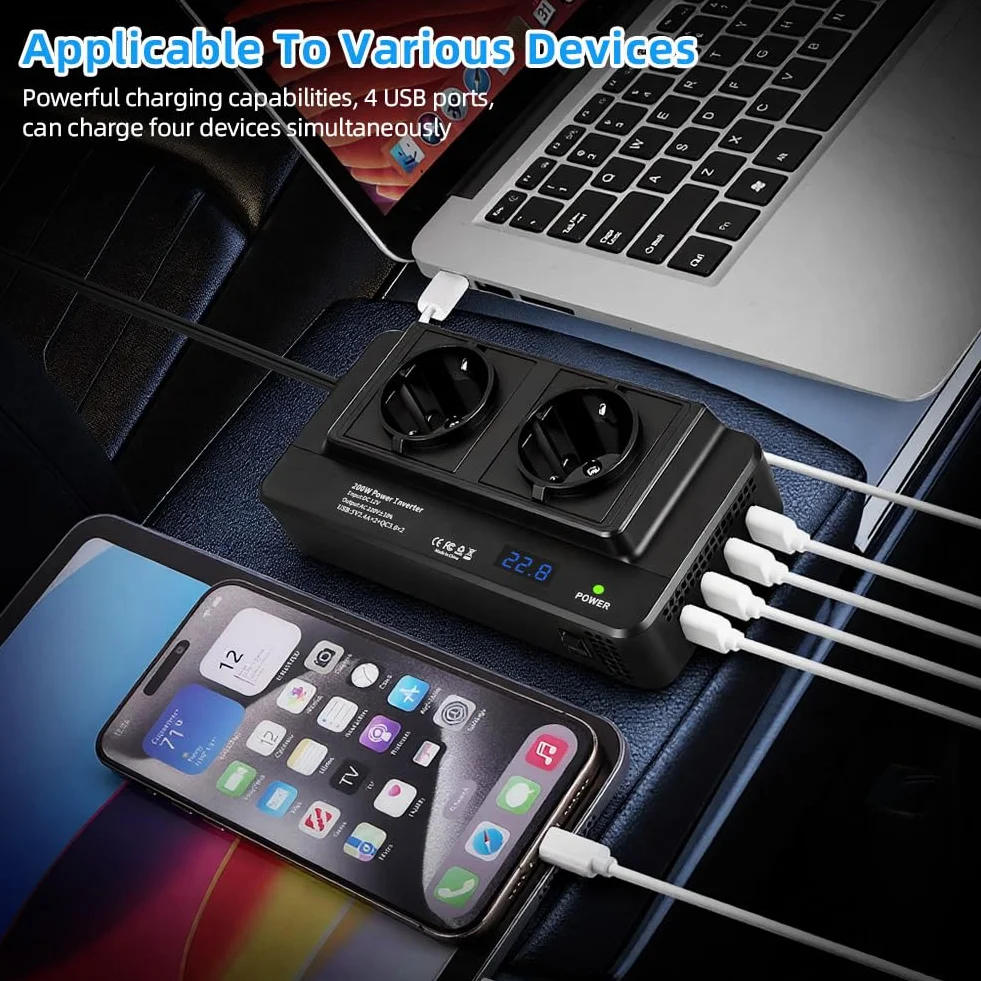 URAQT Inversor para Coche, Inversor de Corriente, Transformador de tensión DC 12 V a AC 230 V 200W con 4 Puertos USB y 2 enchufes UE-USB 3.0 y USB 2.0, Convertidor de Voltaje para Coche, Camping, RV